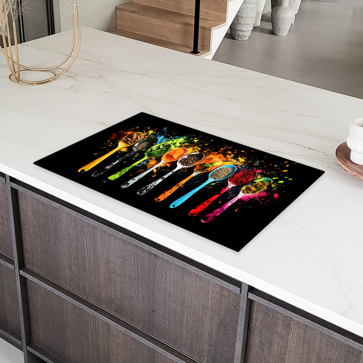 HERDABDECKPLATTE Löffel - Gewürze - Modern - Graffiti - Farbe - Farbenfroh 85x52 cm - Multicolor, Kunststoff (85/52/0.2cm) - MuchoWow