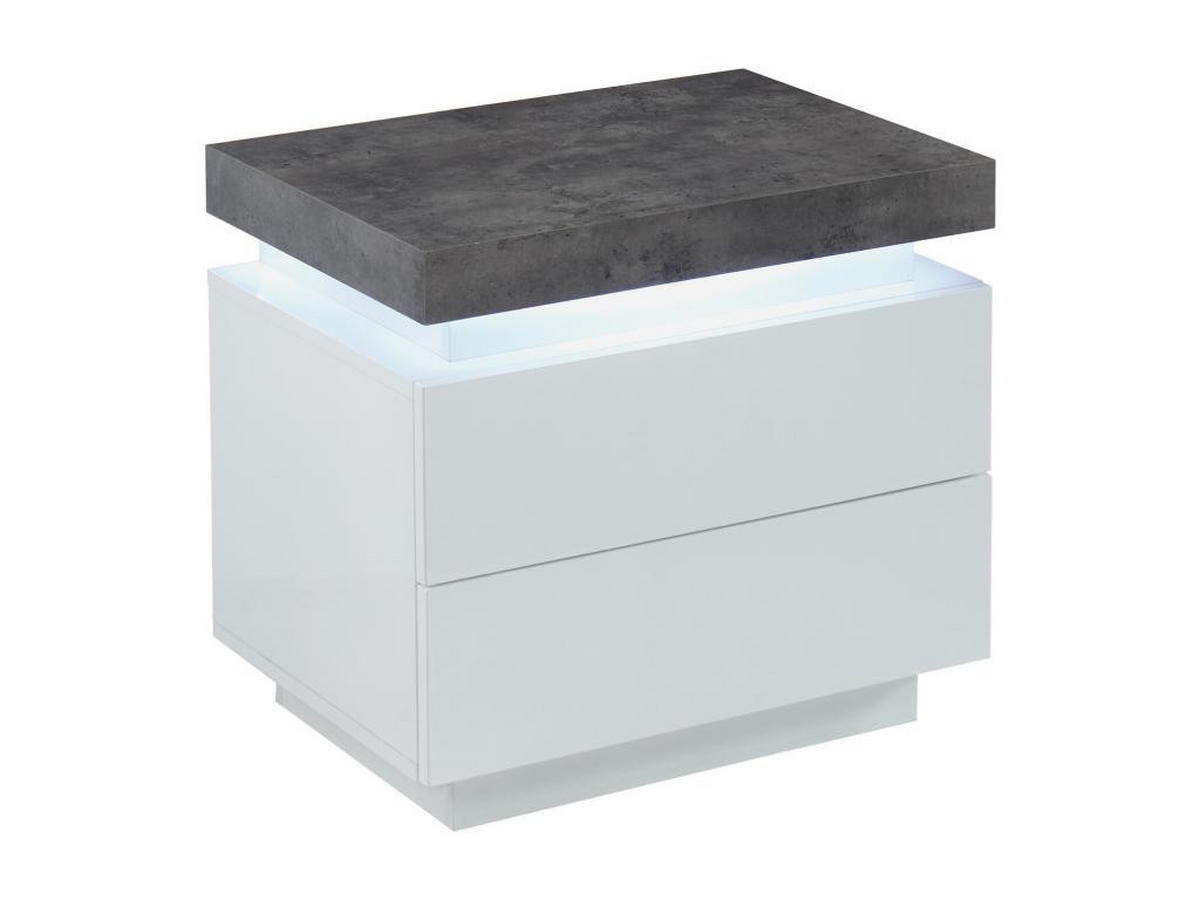 NACHTTISCH mit 2 Schubladen & LEDs - MDF lackiert - Weiß & Beton-Optik - HALO II - Grau, Holz (40/50/55cm) - Vente-Unique