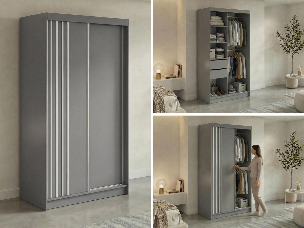 SCHWEBETÜRENSCHRANK mit Lamellen und Schubladen NAURU - 120 - Grau und Weiß - Alufarben/Weiß, Holzwerkstoff/Metall (120/216/61cm) - MKS