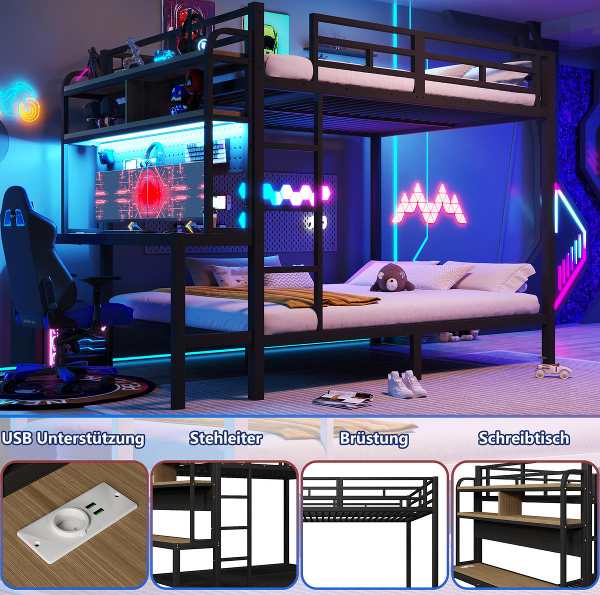 ETAGENBETT 140/200 cm Schwarz mit LED, USB-Anschluss und Schreibtisch - Schwarz, Metall (140/200cm) - MIVRAY