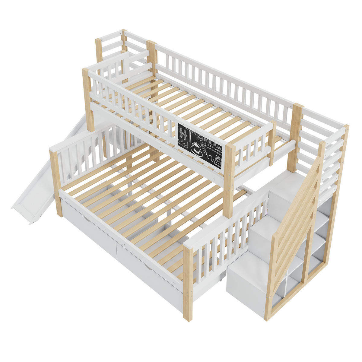 ETAGENBETT 90/200 cm & 140/200 cm in Weiß & Natur mit Rutsche, Tafel und Stauraum - Weiß, Holz/Holzwerkstoff (140/200cm) - CHICFURN