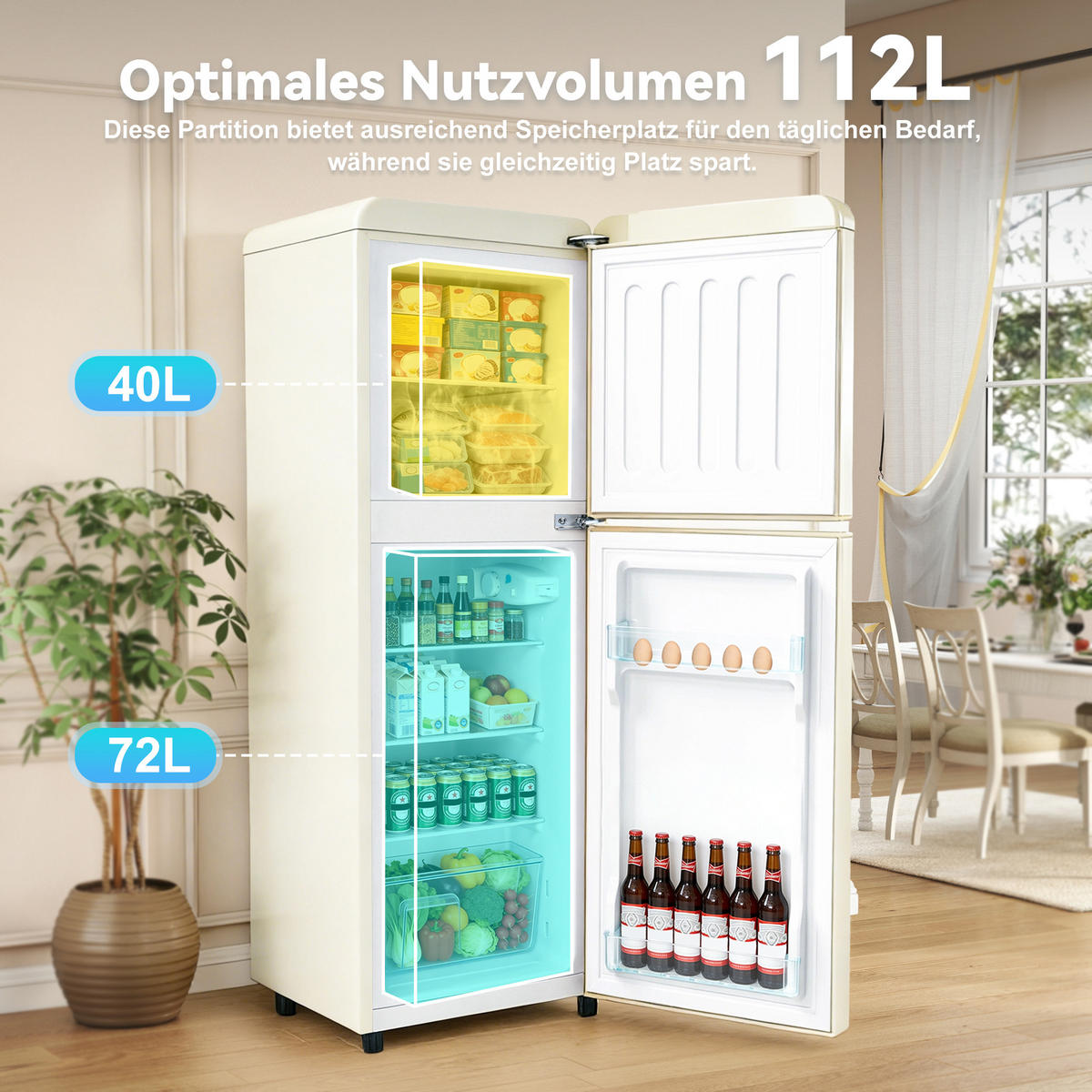 KÜHL-GEFRIER-KOMBINATION 112 l, 72 l Kühlvolumen, 40 l Gefriervolumen, Energieeffizienzklasse E, Cremeweiß - Creme, Metall (48.5/68/41cm) - FOHERE
