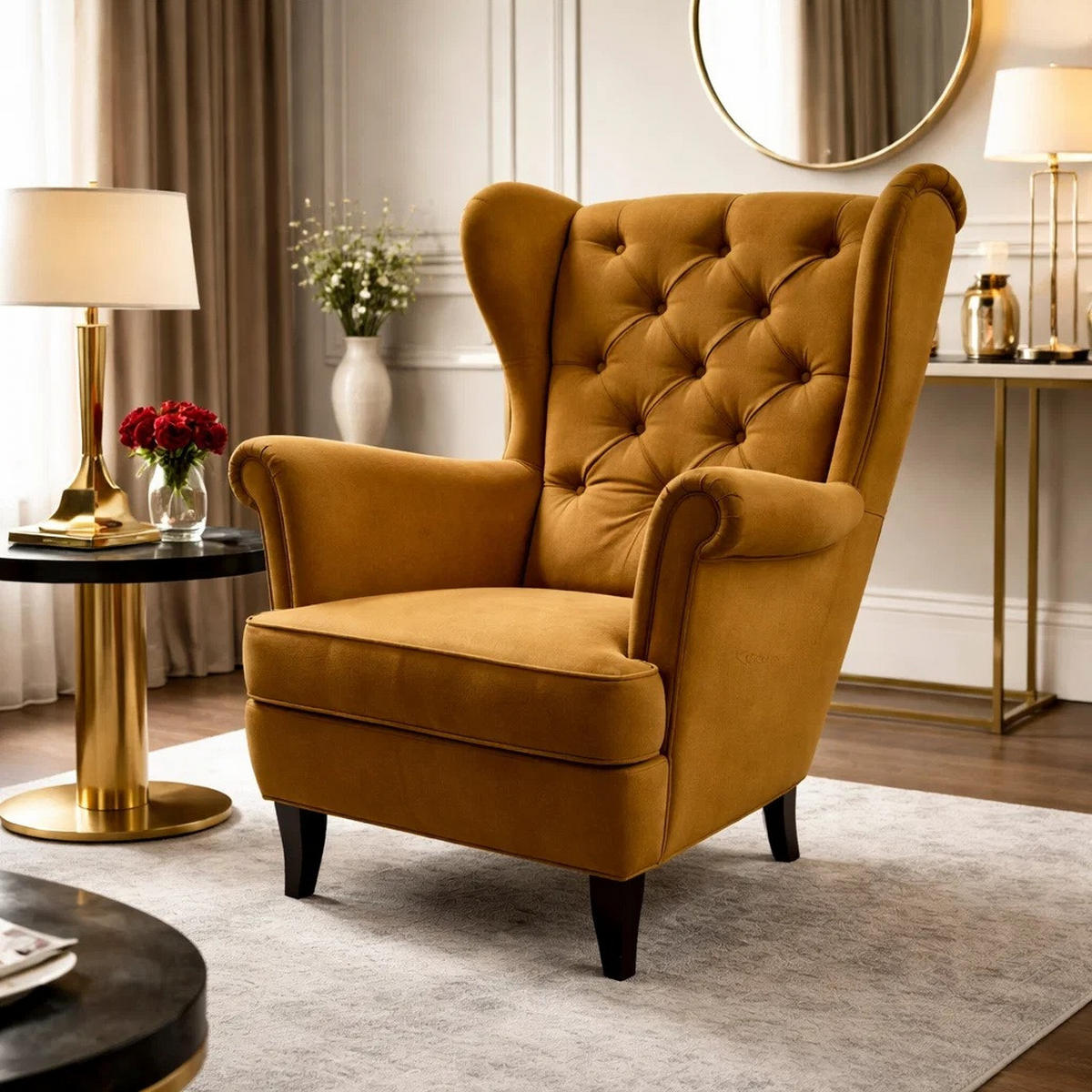 CHESTERFIELD-SESSEL Falco gelb mit Holzbeinen - Wengefarben/Currygelb, Holz/Textil (82/102/92cm) - Beautysofa