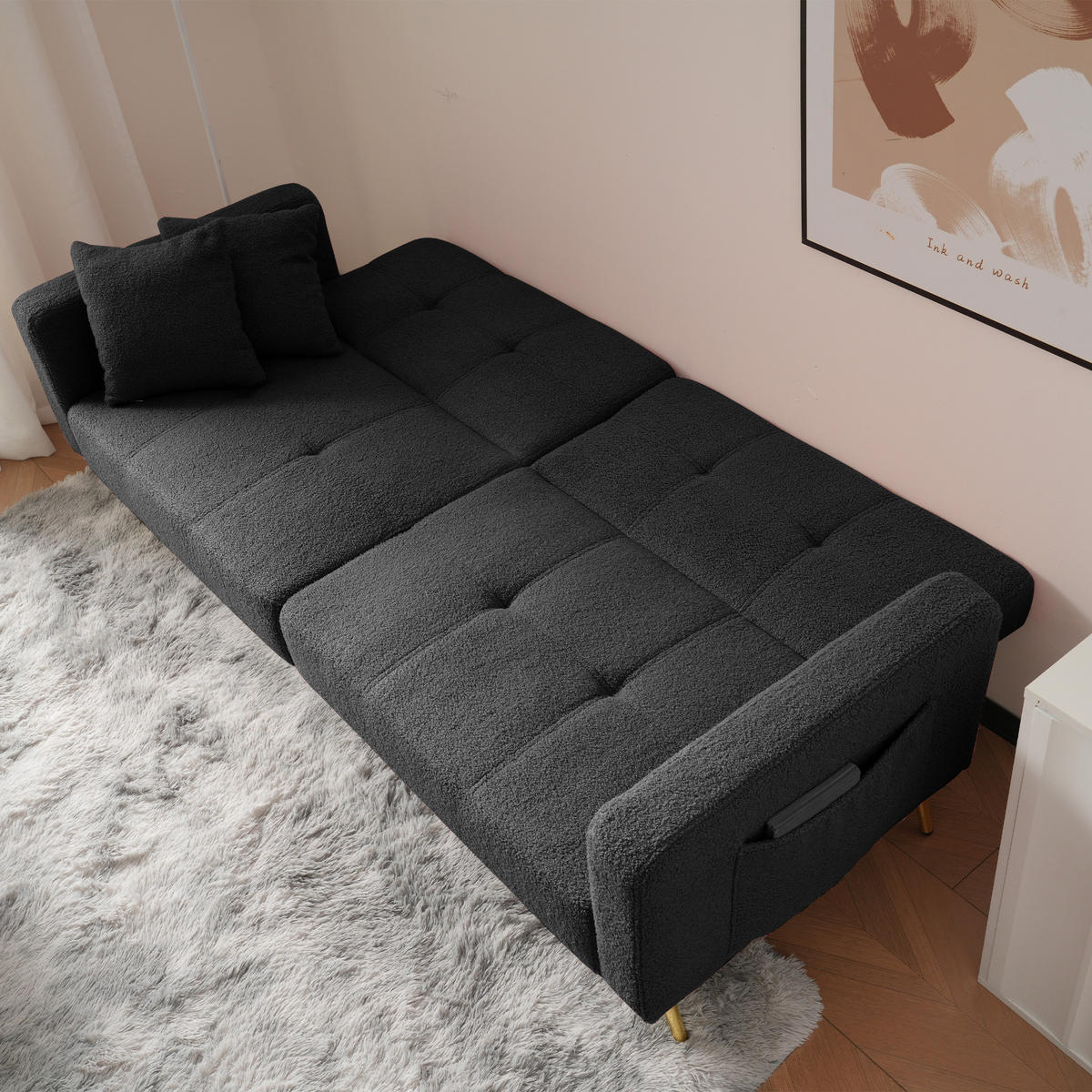 SOFA Schlaffunktion Verstellbar Goldene Beine Aufbewahrungstaschen Kissen - Grau, Holz (90.93/18.42/80.26cm) - FLIEKS