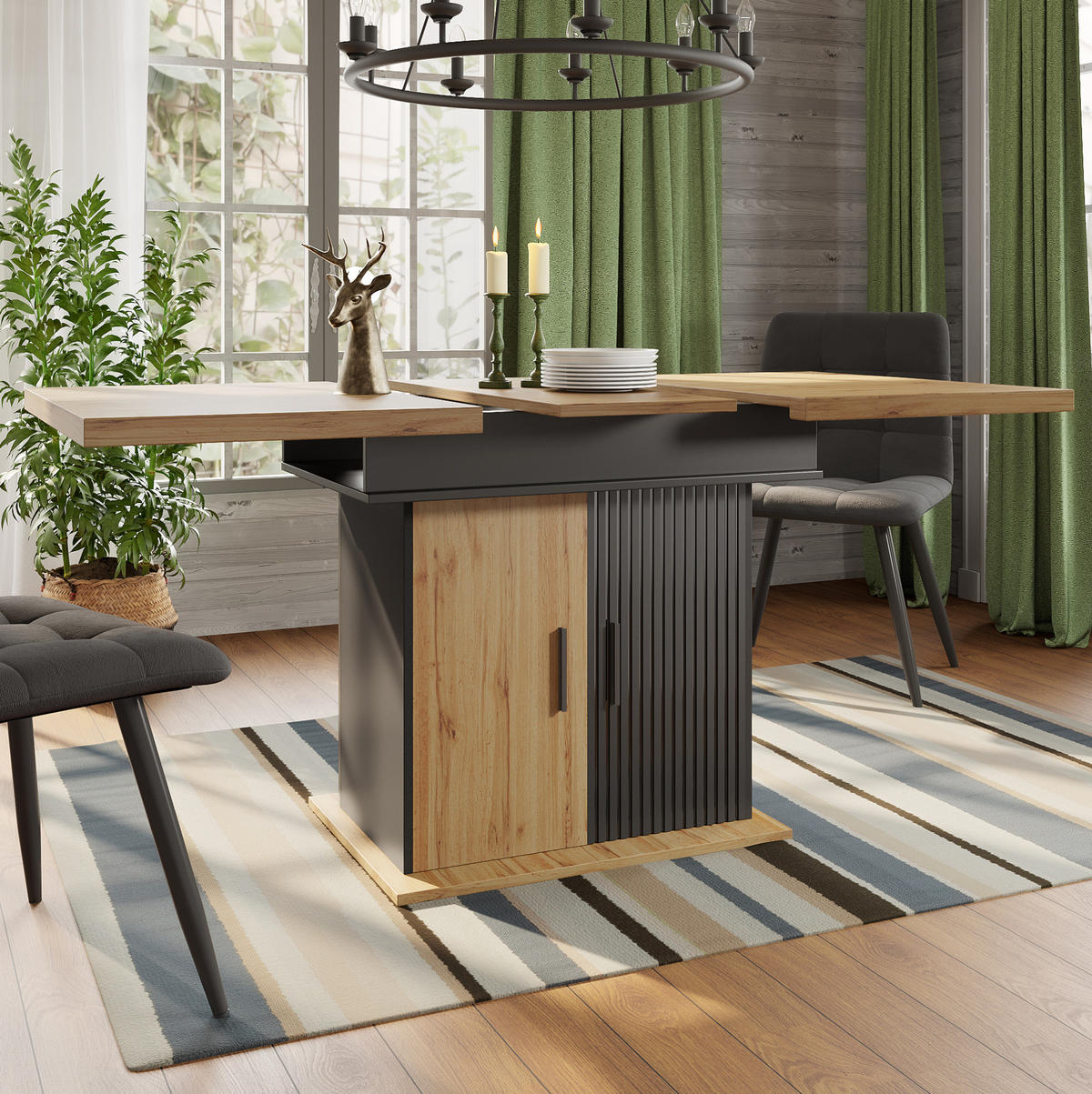 AUSZIEHTISCH 110-140/80/75 cm in Schwarz/Natur mit Stauraum für 4-6 Personen - Schwarz, Holzwerkstoff (110/80/75cm) - BEAOK