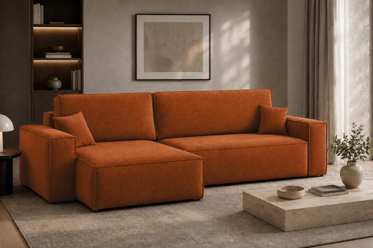 ECKSOFA L-Form Mit Schlaffunktion Und Bettkasten, Veloursstoff Bluvel, Zimtfarbe, Links, BEST XL - Kupferfarben, Holz (274/142cm) - Kaiser Möbel