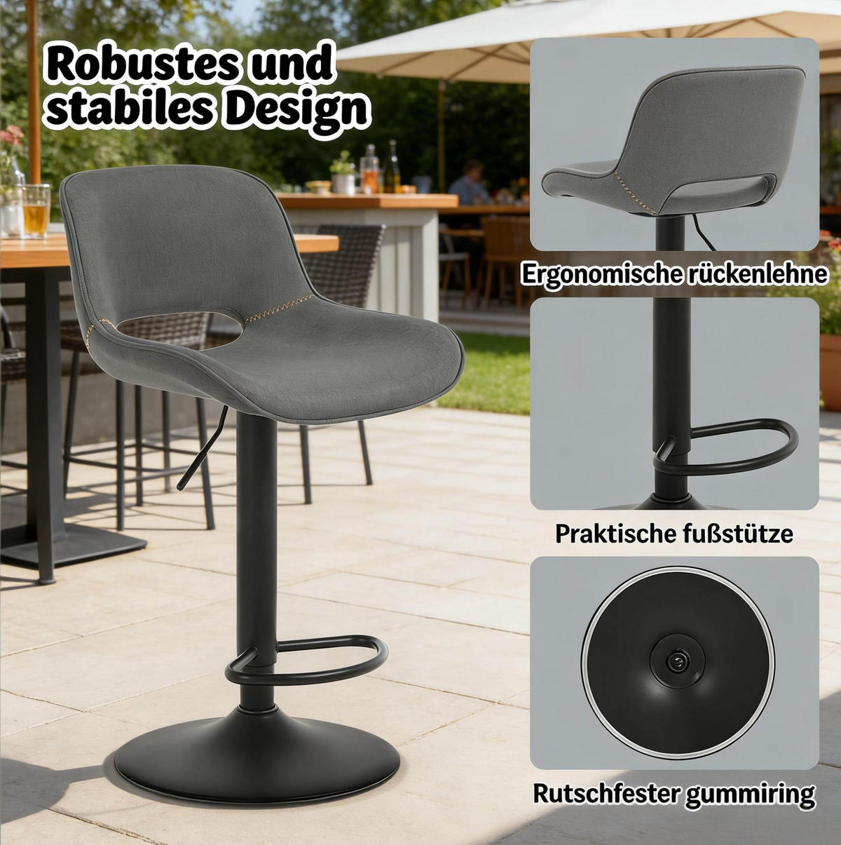 BARHOCKER 2er-Set drehbar mit Lehne Grau Leinen Metall - Grau, Metall (49/106/49cm) - Meubliv