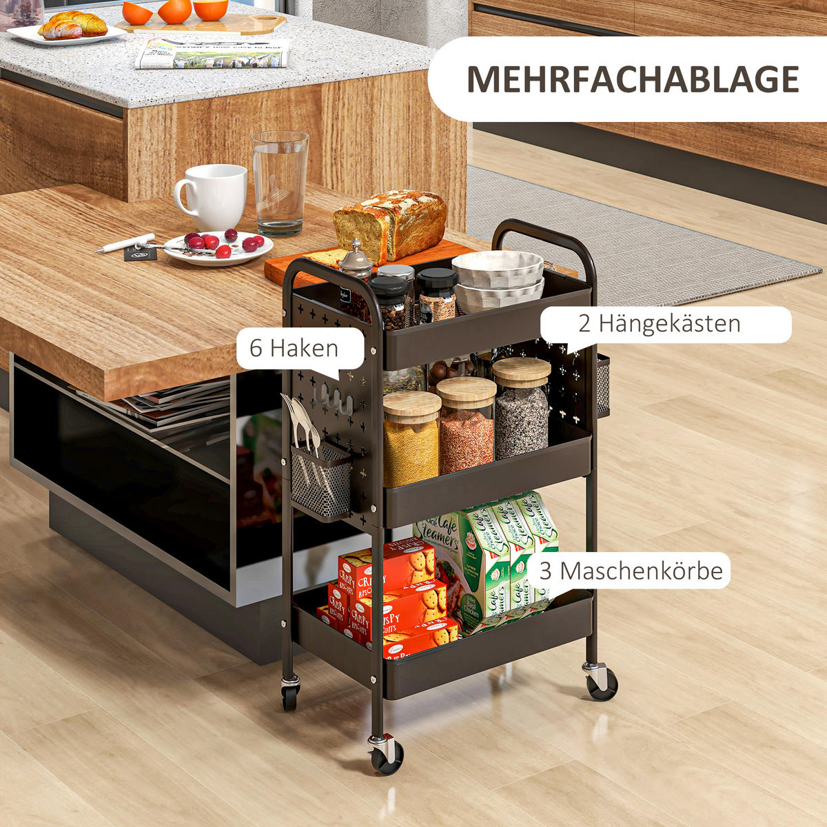 ROLLWAGEN, Servierwagen, Stahl, Schwarz - Schwarz, Metall (30.5/75/53.5cm) - HOMCOM
