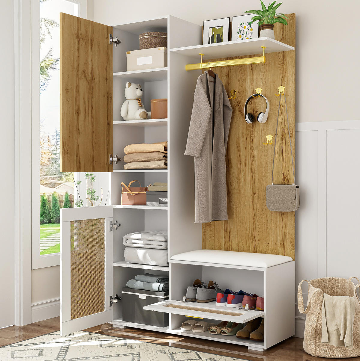 SCHUHSCHRANK aus MDF & Spanplatte 110x38x190cm in Natur mit Spiegel & LED - Naturfarben, Holzwerkstoff (110/190/38cm) - Modfu