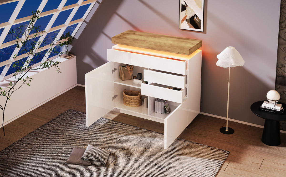 KOMMODE, Hochglanz, 3 Schubladen & 2 Türen, LED-App-Steuerung, 110x39x115 cm, Weiß - Weiß, Holzwerkstoff (39/115/110cm) - Modfu