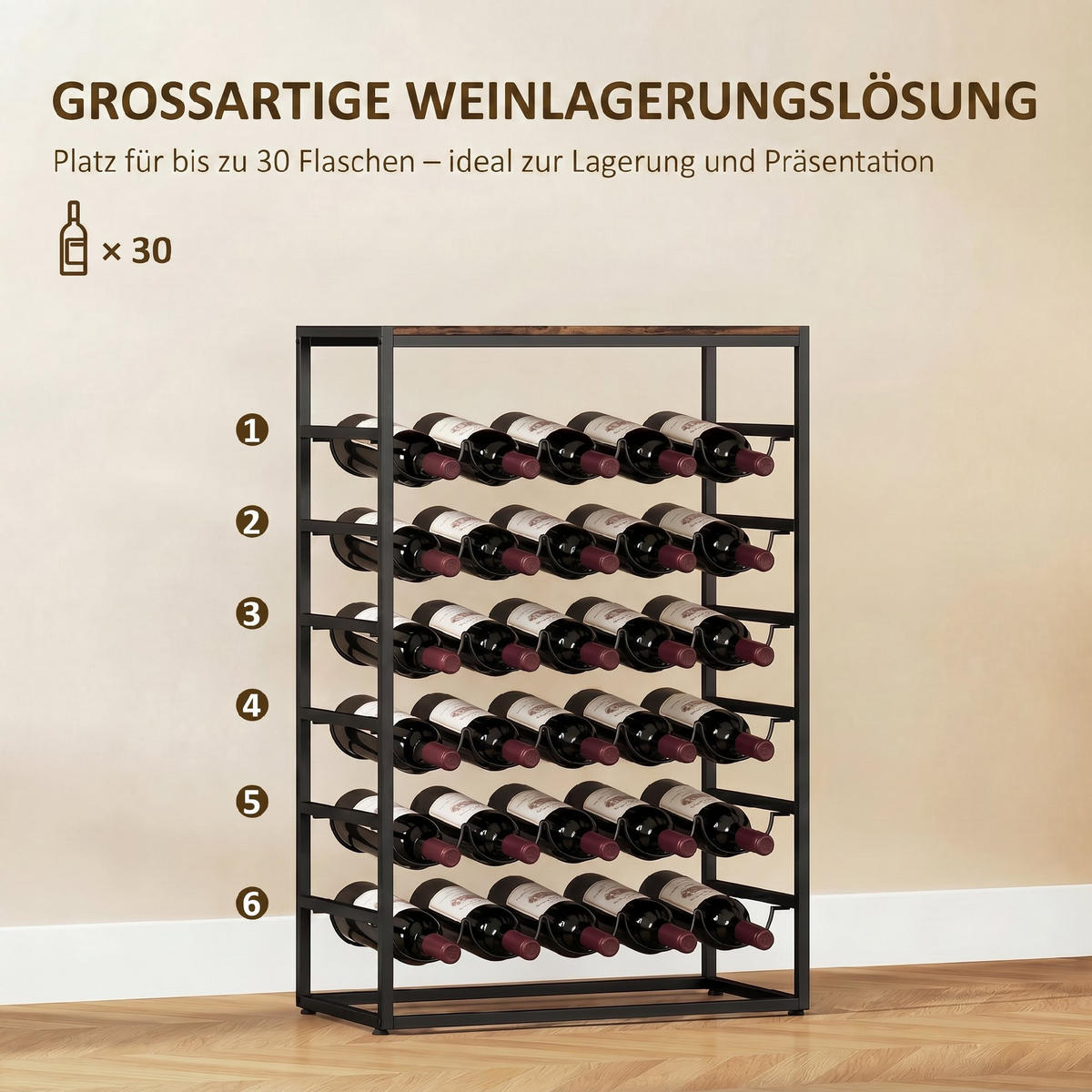 WEINREGAL Spanplatte Metall Rustikal-Braun - Braun, Metall (30/88.5/59cm) - HOMCOM