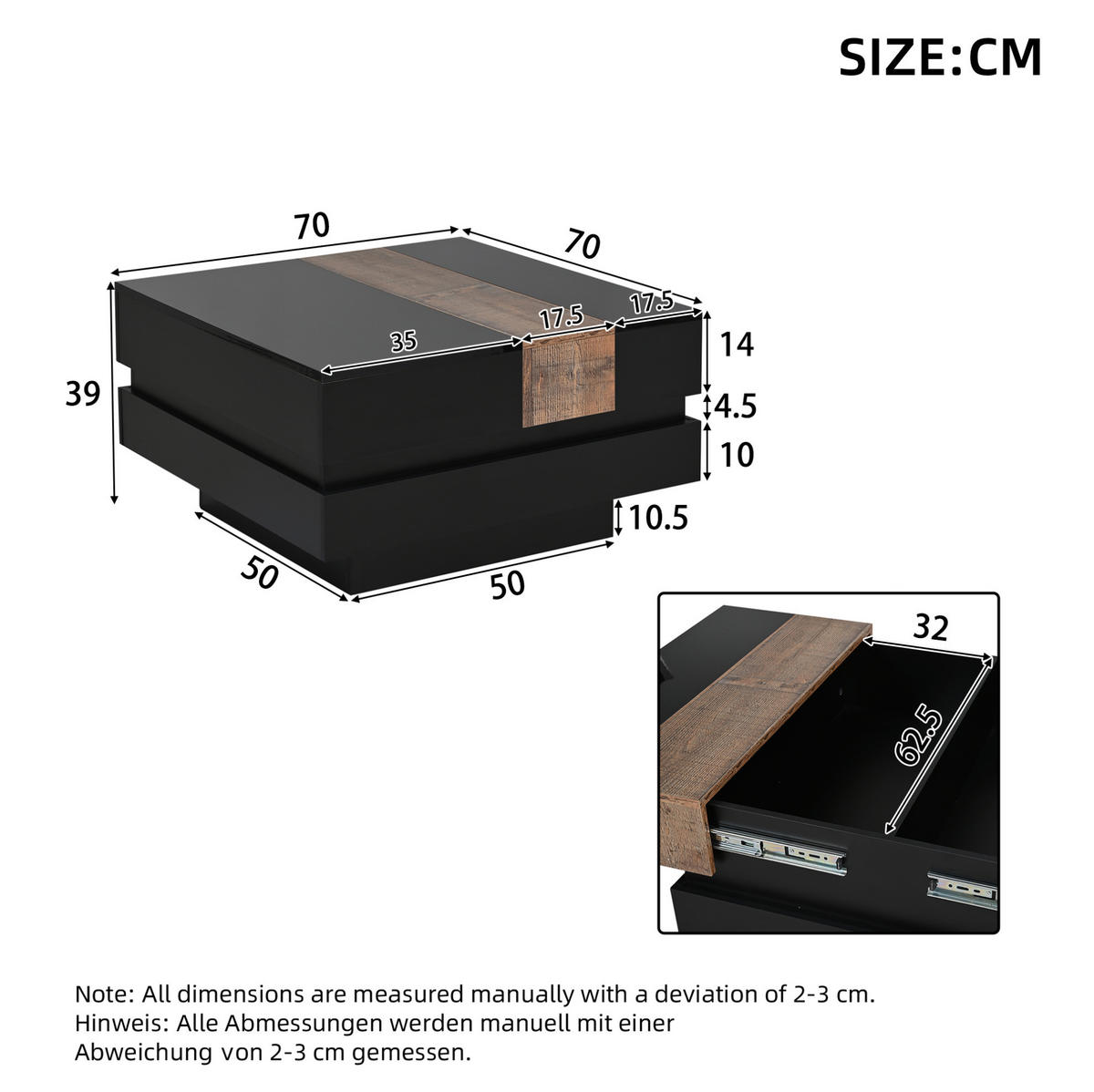 COUCHTISCH 70/70/39 cm mit ausziehbarer Tischplatte, verstecktem Stauraum und Hochglanzoberfläche aus MDF, Schwarz - Schwarz, Holzwerkstoff (70/70/39cm) - Modfu