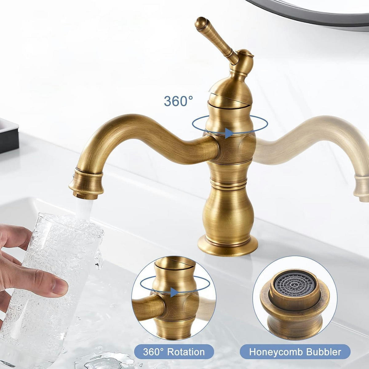 WASCHTISCHARMATUR Messing Antik Bronze 360° Schwenkbar - Goldfarben, Metall (9/20/17cm)