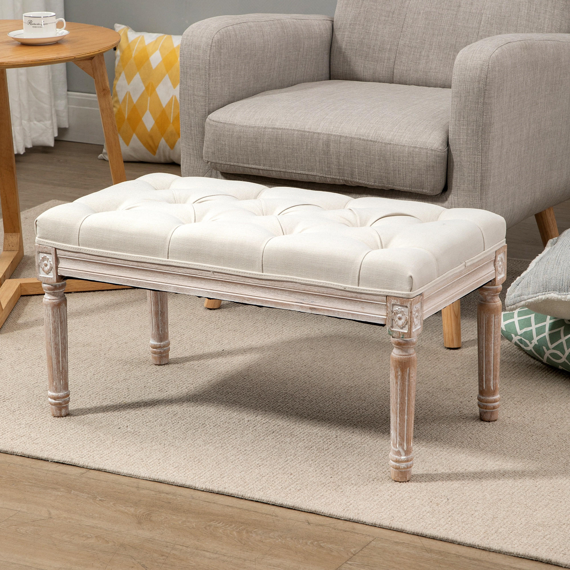 SITZHOCKER, Polsterbank mit Leinenoptik, Cremeweiß - Weiß, Kunststoff (80/43/40cm) - HOMCOM