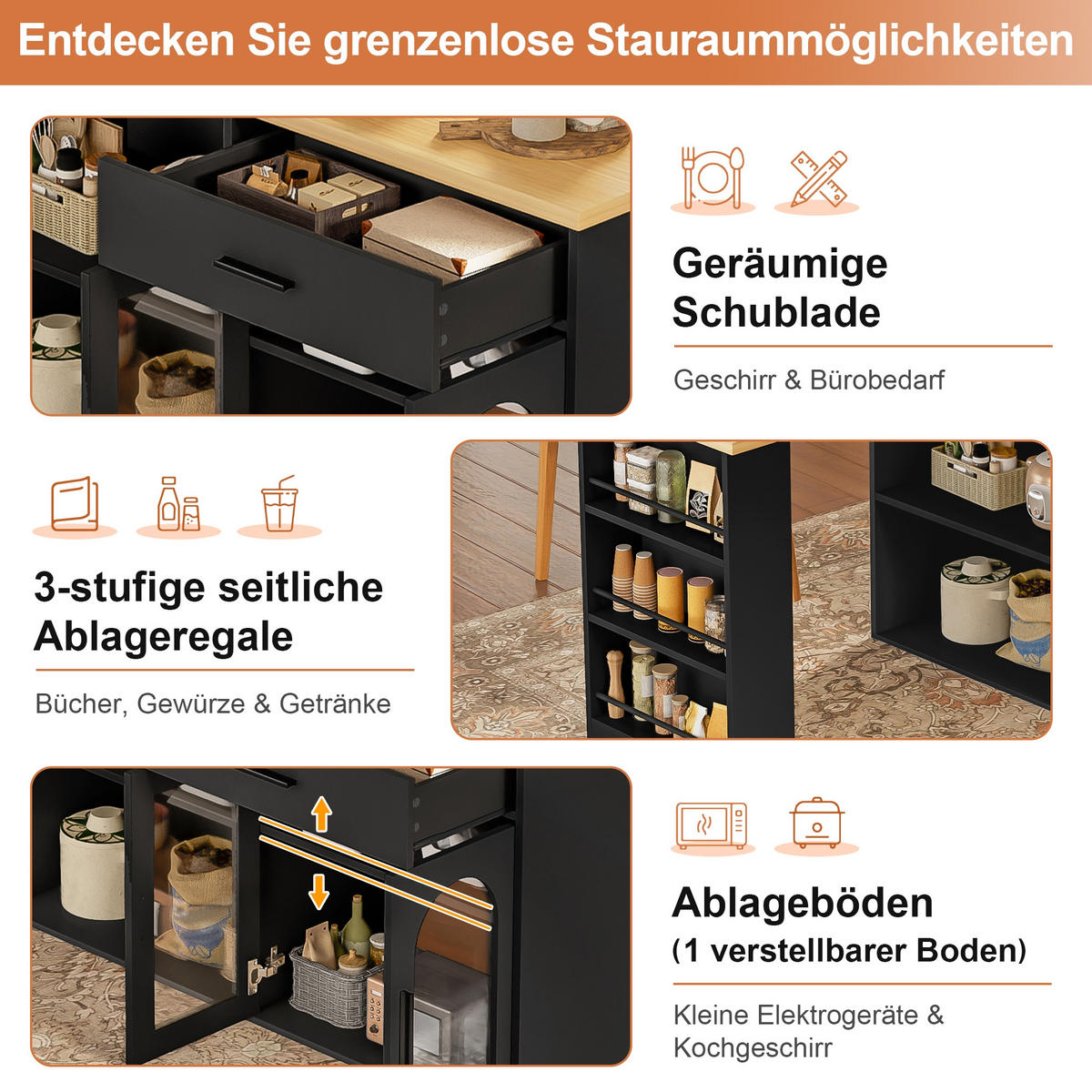 KÜCHENINSEL 136/50/78 cm Schwarz mit 360° Drehtisch, 1 Schubladen und Stauraumschrank - Schwarz, Holz (50/78/136cm) - Oxeza