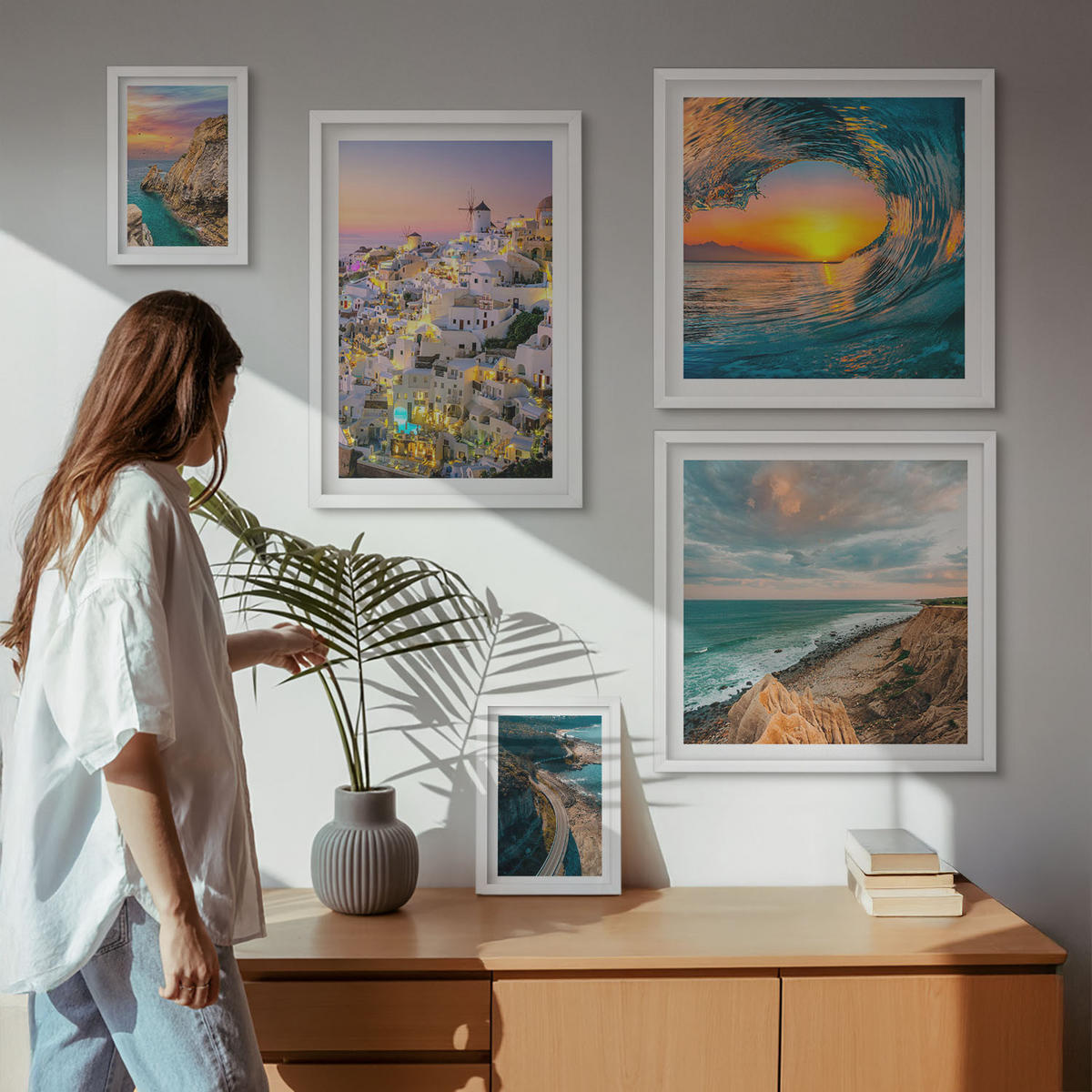 WANDBILDER 5er-Set - 50x50 cm & 20x30 cm & 40x60 cm Weißer Rahmen - Meereswellen, weiße Häuser, Santorini - Weiß, Kunststoff (40/60cm) - ArtPrintCave