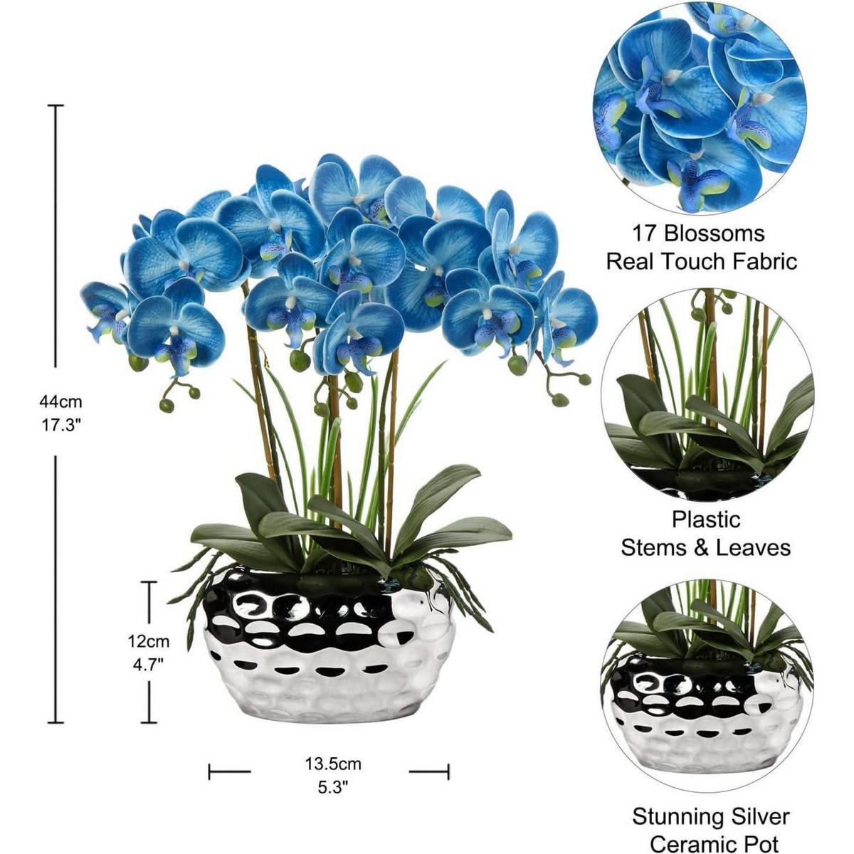KUNSTBLUME Orchidee Phalaenopsis 44 cm Blau im Keramiktopf - Blau, Keramik (43.9cm)