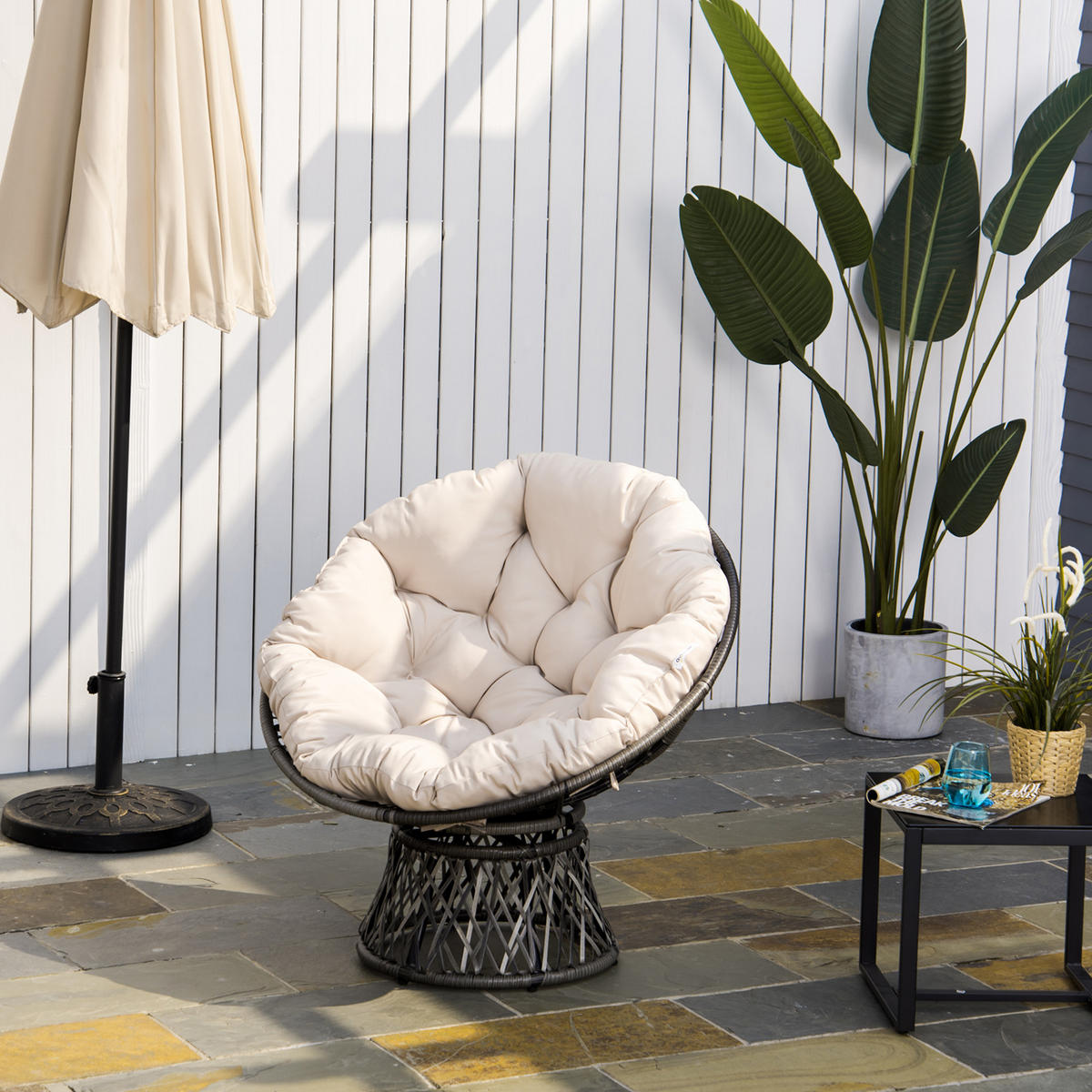 GARTEN-RELAXSESSEL DE-13564 360° drehbar, Ø97x90cm Creme - Creme, Metall (87/90/97cm) - ComfortXL