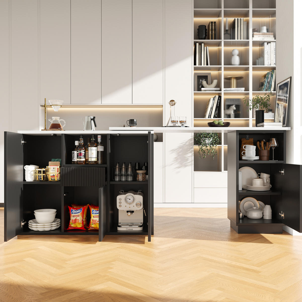 DREHBARE Kücheninsel Bar 210x30x100.9cm Schwarz mit L-förmigem Design - Schwarz, Holzwerkstoff (210/100.9/30cm) - Modfu