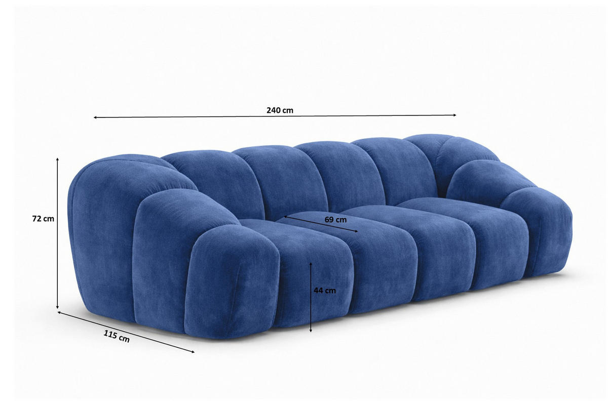SOFA 3-Sitzer modular, Veloursstoff Bluvel, Tintenblau, CROISSANT - Blau, Holz (240/72/115cm) - Kaiser Möbel