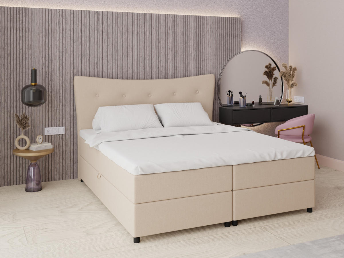 BOXBETT Nevada 180 x 200 cm Doppelbett mit hochwertiger Bonell-Matratze und Topper - beige - Beige, Holz (180/200cm) - Panda Möbel