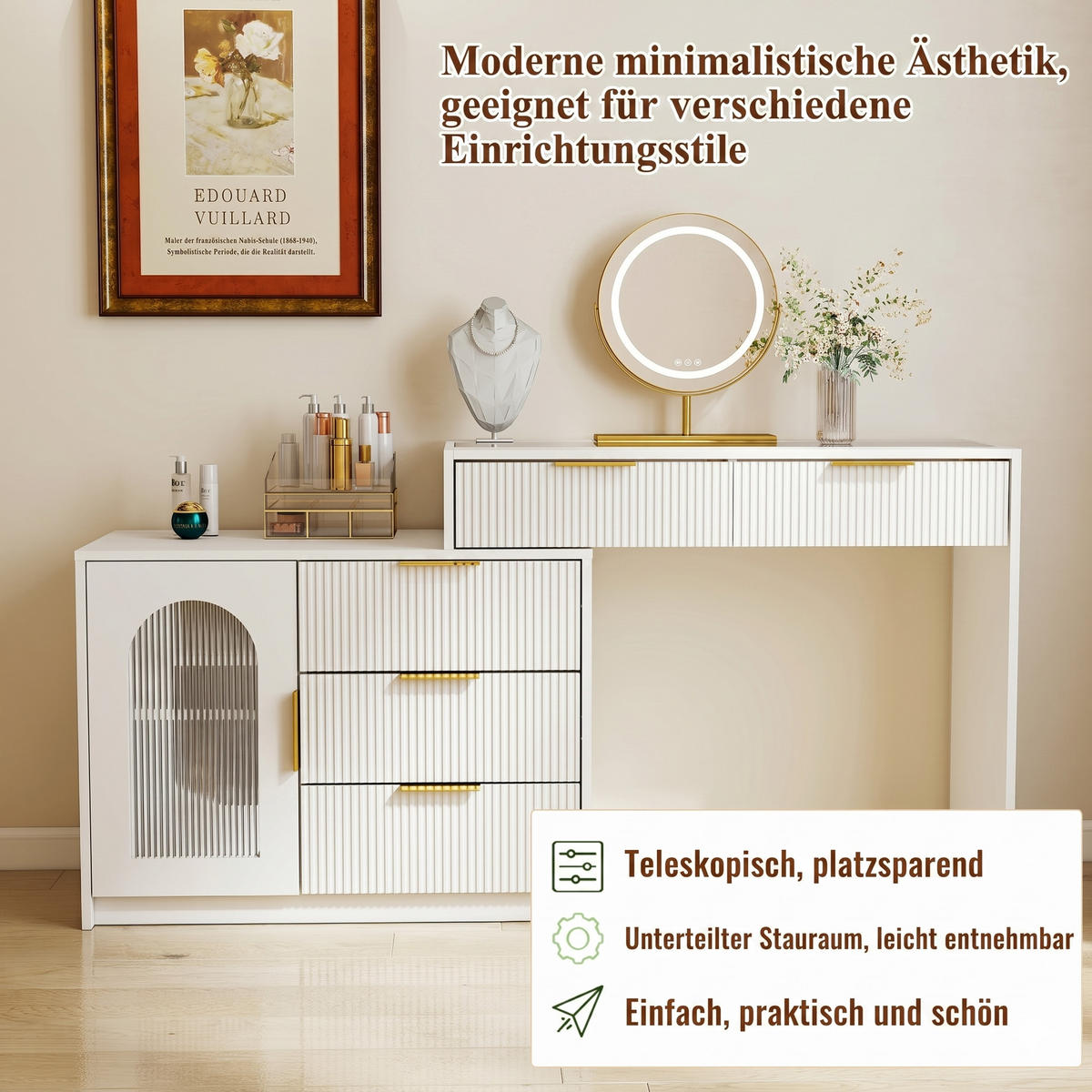 SCHMINKTISCH,MIT LED beleuchtetem Spiegel Weiß,H75/B90-160/T40cm - Weiß, Holzwerkstoff (40/75/150cm) - Vallsero