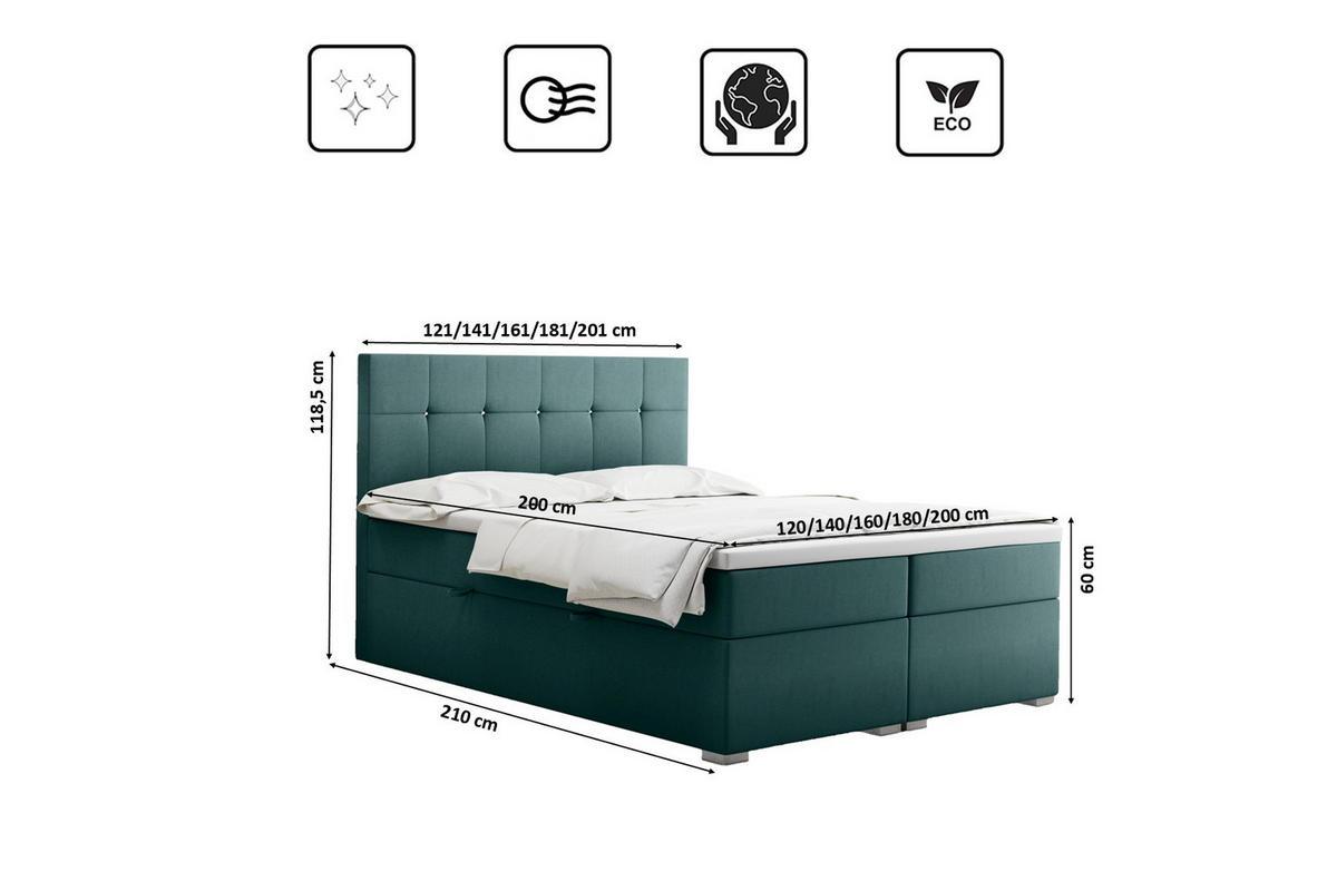 BOXBETT Mit Matratze Und Bettkasten LINDT Stoff Velvet 120x200 cm Meeresfarbe H3-Bonell - Mintgrün, Holz (120/200cm) - Kaiser Möbel