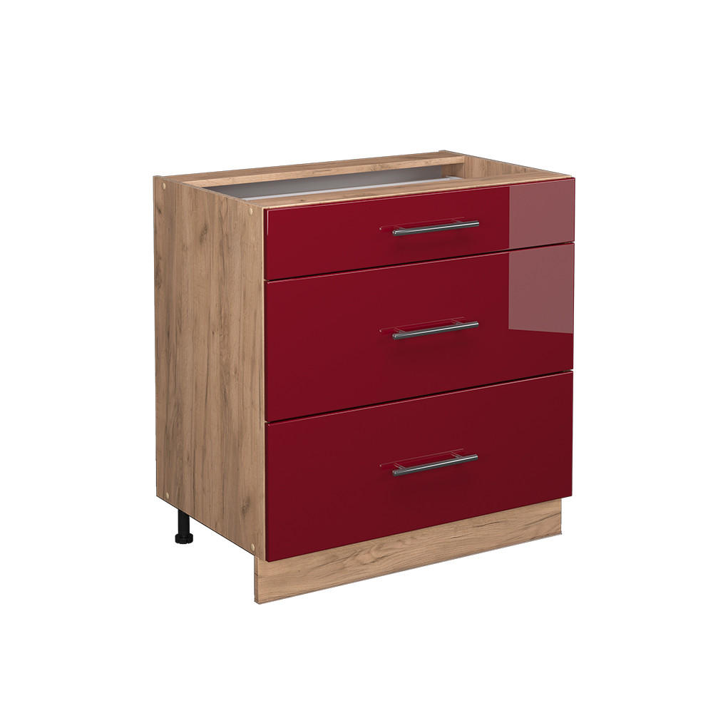 KÜCHENUNTERSCHRANK Fame-Line Bordeaux Hochglanz 80 cm mit 3 Schubladen ohne AP - Honigeiche/Bordeaux, Holzwerkstoff (80/82/51.6cm) - Vicco