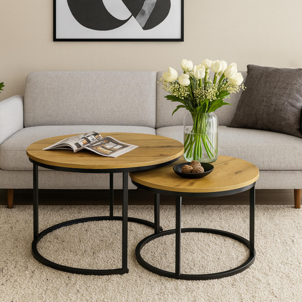 COUCHTISCH Holzoptik Metall Eichefarben Schwarz 2er Set 47x53x53 cm - Eichefarben/Schwarz, Holzwerkstoff/Metall (53/53/47cm) - Begryf