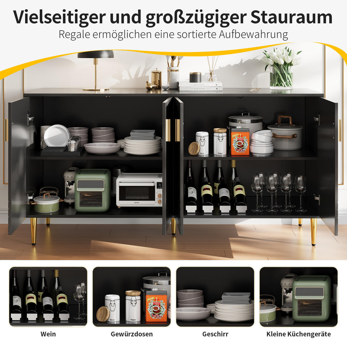 SIDEBOARD aus MDF 152x40x75 cm Schwarz mit Wellenfront und goldfarbenen Griffen - Schwarz, Holzwerkstoff (152/75/40cm) - IVMEU