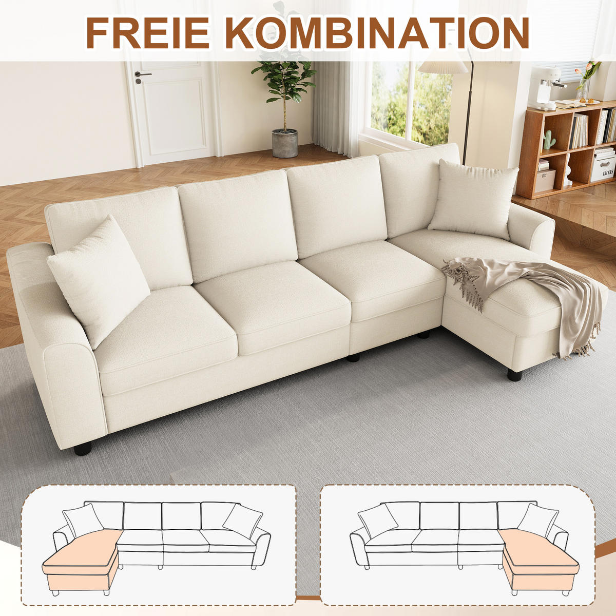 4-SITZER ECKSOFA Chenille Beige mit Stauraum und Getränkehaltern - Beige, Holzwerkstoff/Kunststoff (280/136cm) - WISHDOR