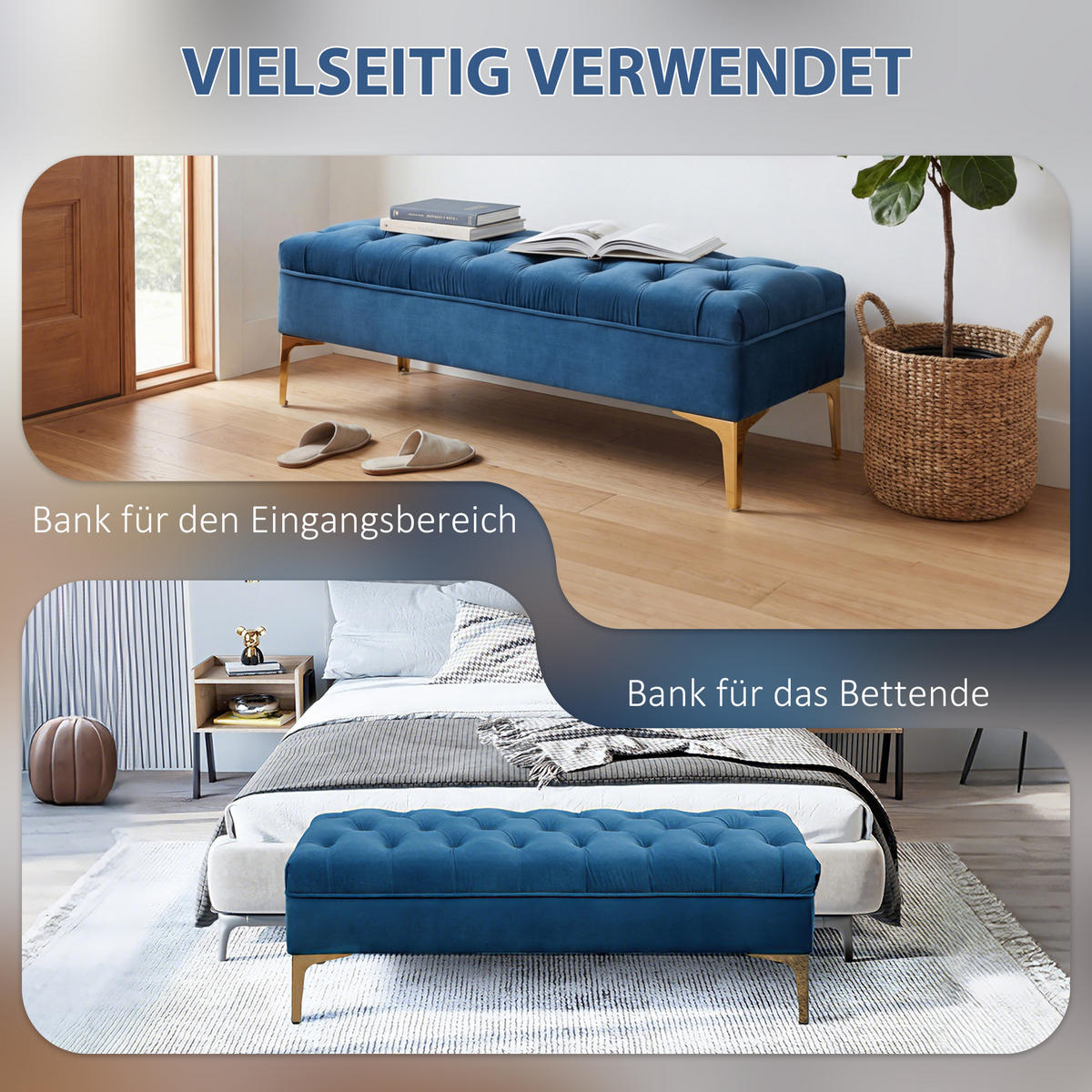 SITZBANK Bettbank Schuhbank mit erhöhten Beine Schlafzimmer Samt Blau - Blau, Kunststoff (45/42/118cm) - HOMCOM