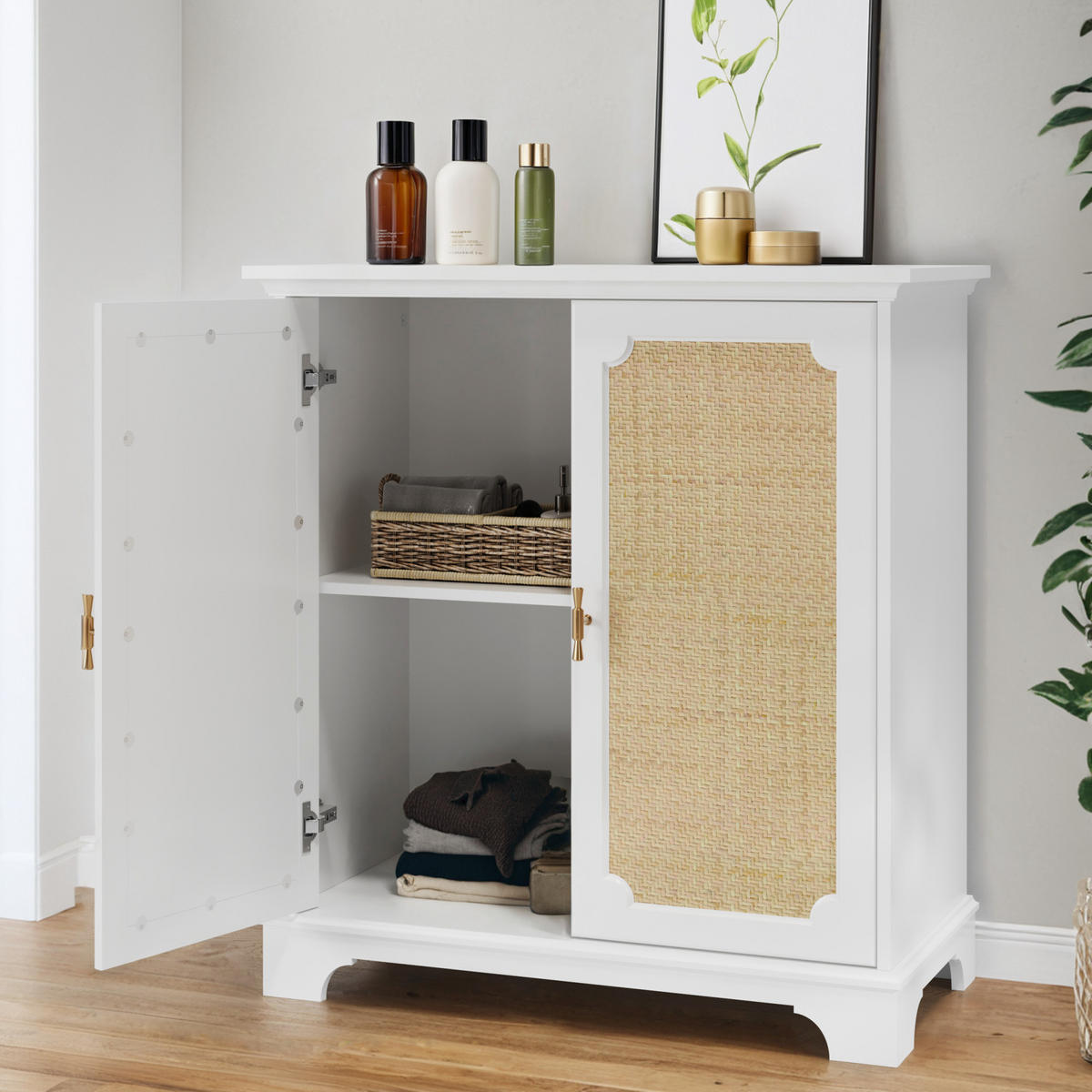 BADEZIMMERSCHRÄNKE 80x38x86 cm Weiß aus Rattan & Holzwerkstoff mit 2 Türen & Massivholzbeinen - Weiß, Holzwerkstoff (38/86/80cm) - Modfu