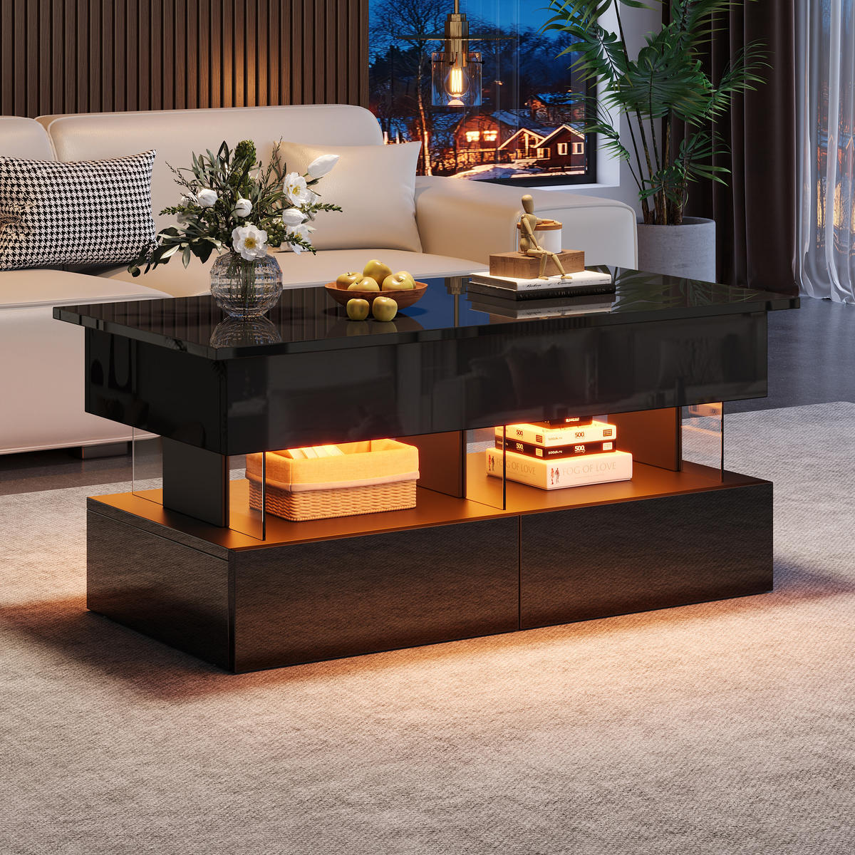 COUCHTISCH DE-37106 höhenverstellbar mit LED und 2 Schubladen Schwarz - Schwarz, Holzwerkstoff (100/50/46cm) - ComfortXL