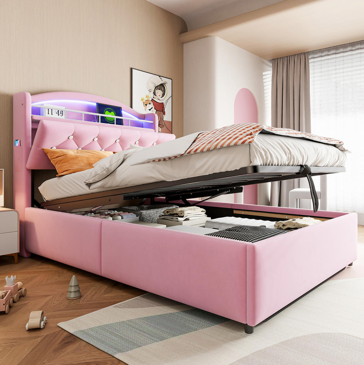 POLSTERBETT 90/200 cm Rosa mit Stauraum, LED-Beleuchtung und USB-Anschlüssen - Pink, Textil (90/200cm) - Flora Grace