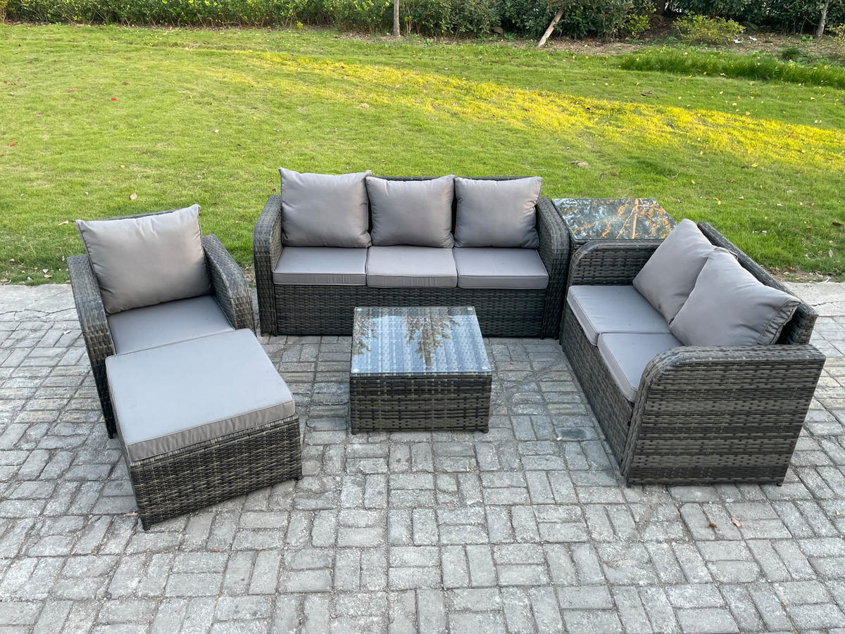 GARTENTISCHGRUPPE Polyrattan Dunkelgrau 6-teilige - Dunkelgrau/Grau, Glas/Kunststoff - Fimous