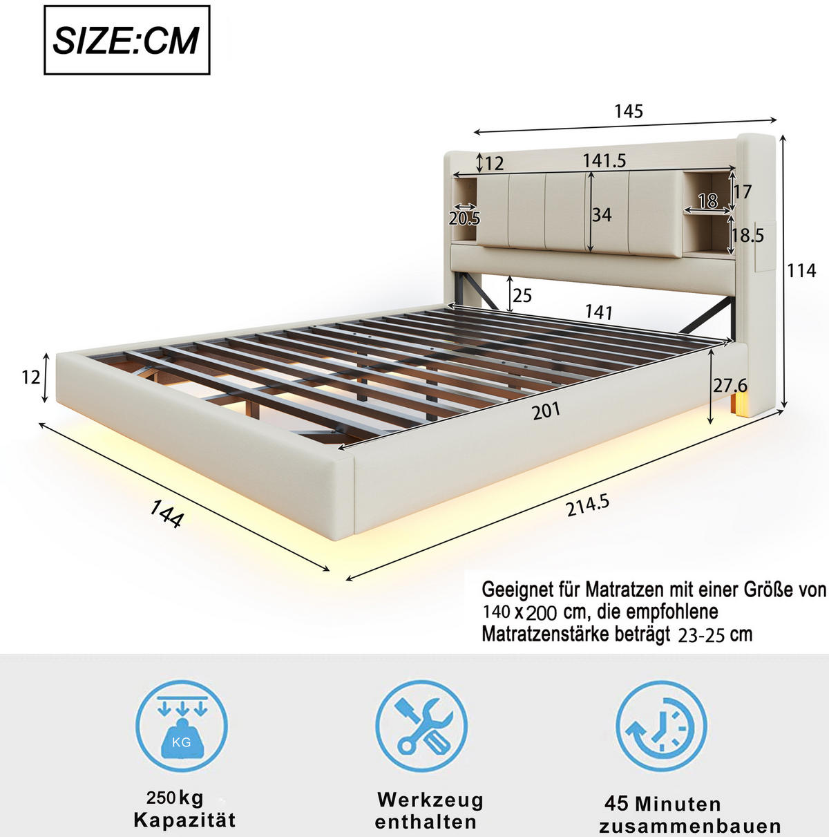 POLSTERBETT mit Stauraum, LED und USB 140x200 cm Beige - Beige, Metall (140/200cm) - Meubliv