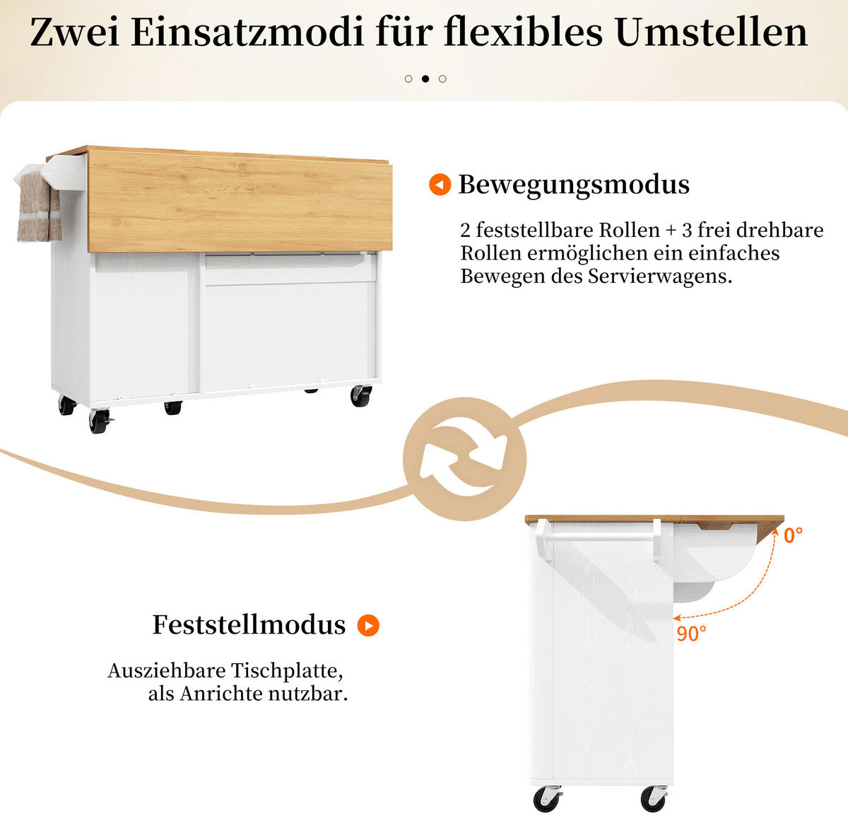 KÜCHENINSEL mit Klappfunktion 130 x 45(75) x 92 cm Weiß - Weiß, Holz (45/92/130cm) - Beauniv
