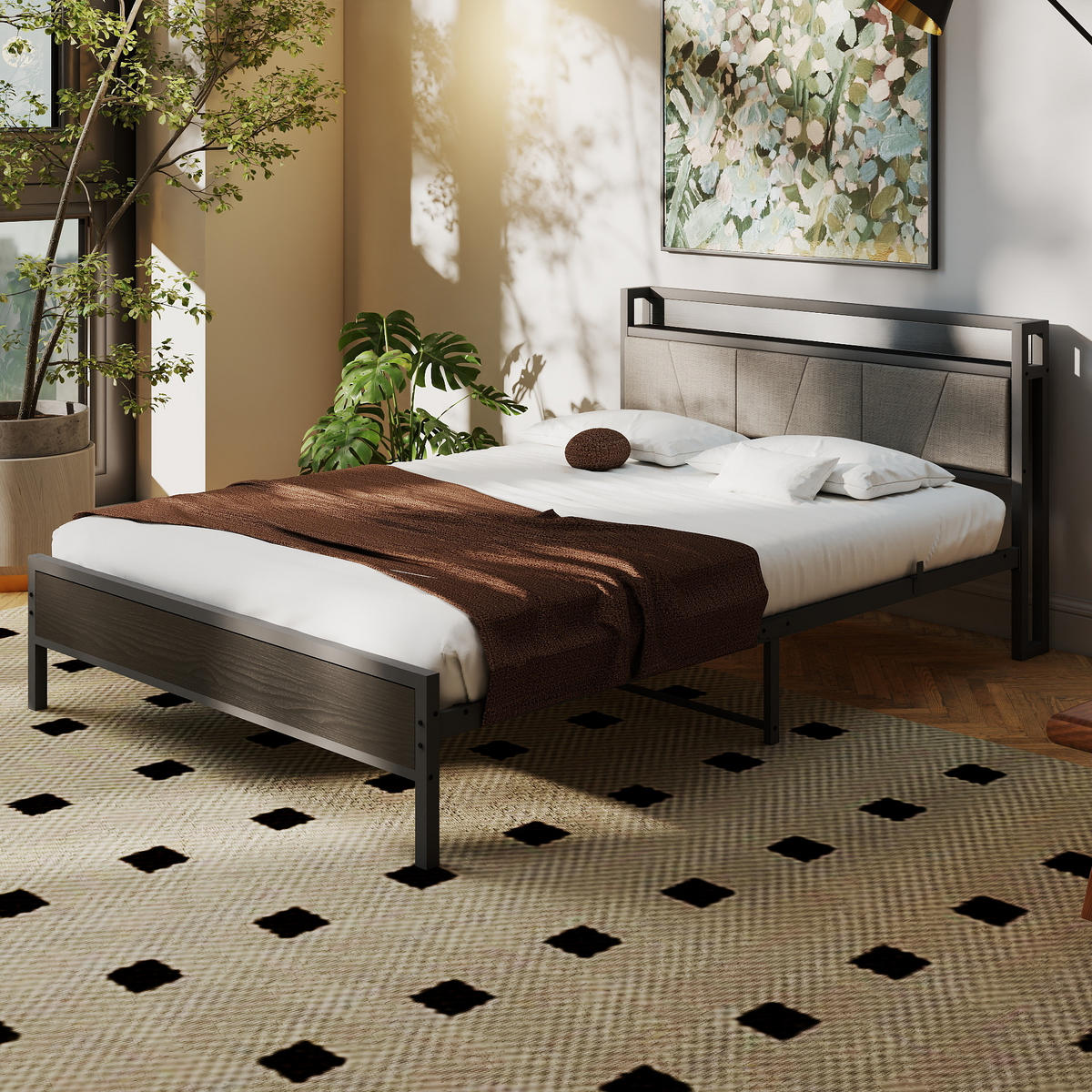 METALLBETT 140/200 cm Schwarz mit Stauraum-Kopfteil mit 2 USB-Ladeanschlüssen - Schwarz, Metall (140/200cm) - OKWISH