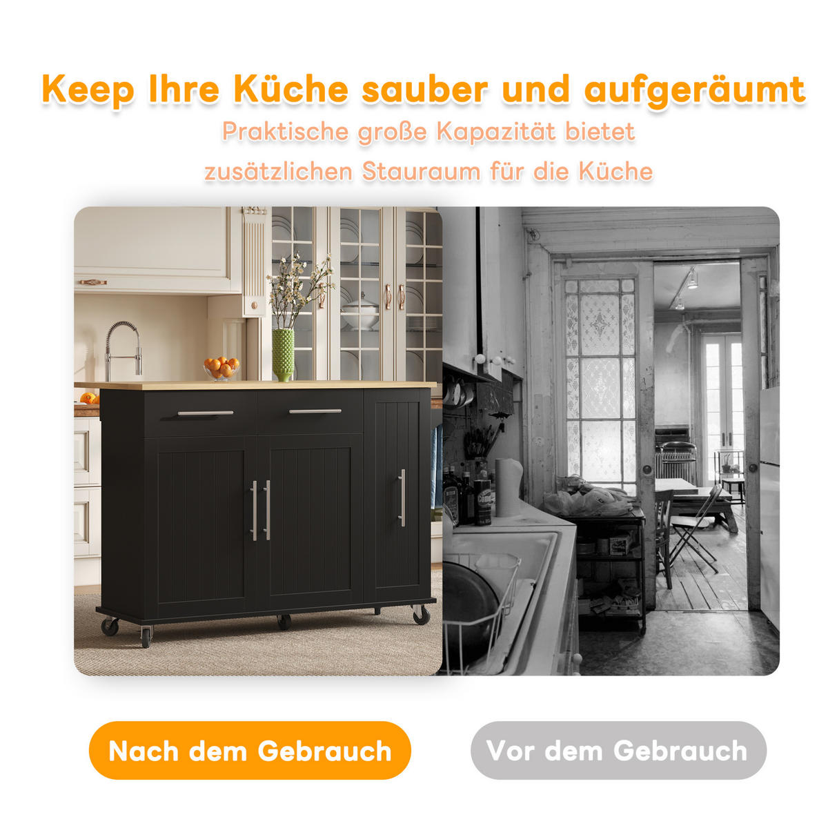 MOBILER Kücheninselwagen 120x65x90cm Schwarz mit Auszug, Klappplatte & 5 Rollen - Schwarz, Holzwerkstoff (120/90/65cm) - Modfu