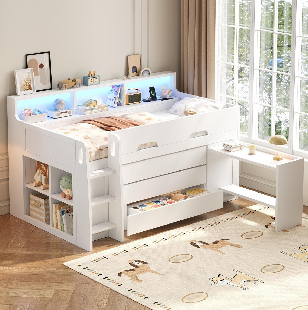 HOCHBETT 90/200 cm aus MDF und Sperrholz mit fahrbarem Schreibtisch und Stauraum Weiß - Weiß, Holzwerkstoff (90/200cm) - Modenvie