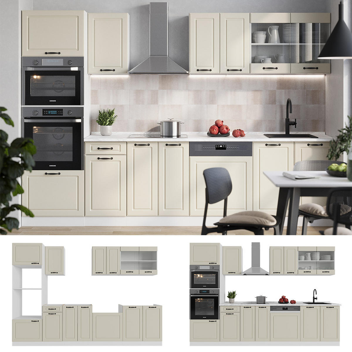 KÜCHENZEILE R-Line, Sand Landhaus/Weiß, 300 cm ohne Arbeitsplatte - Beige/Weiß, Holzwerkstoff (300/206.8/46cm) - Vicco