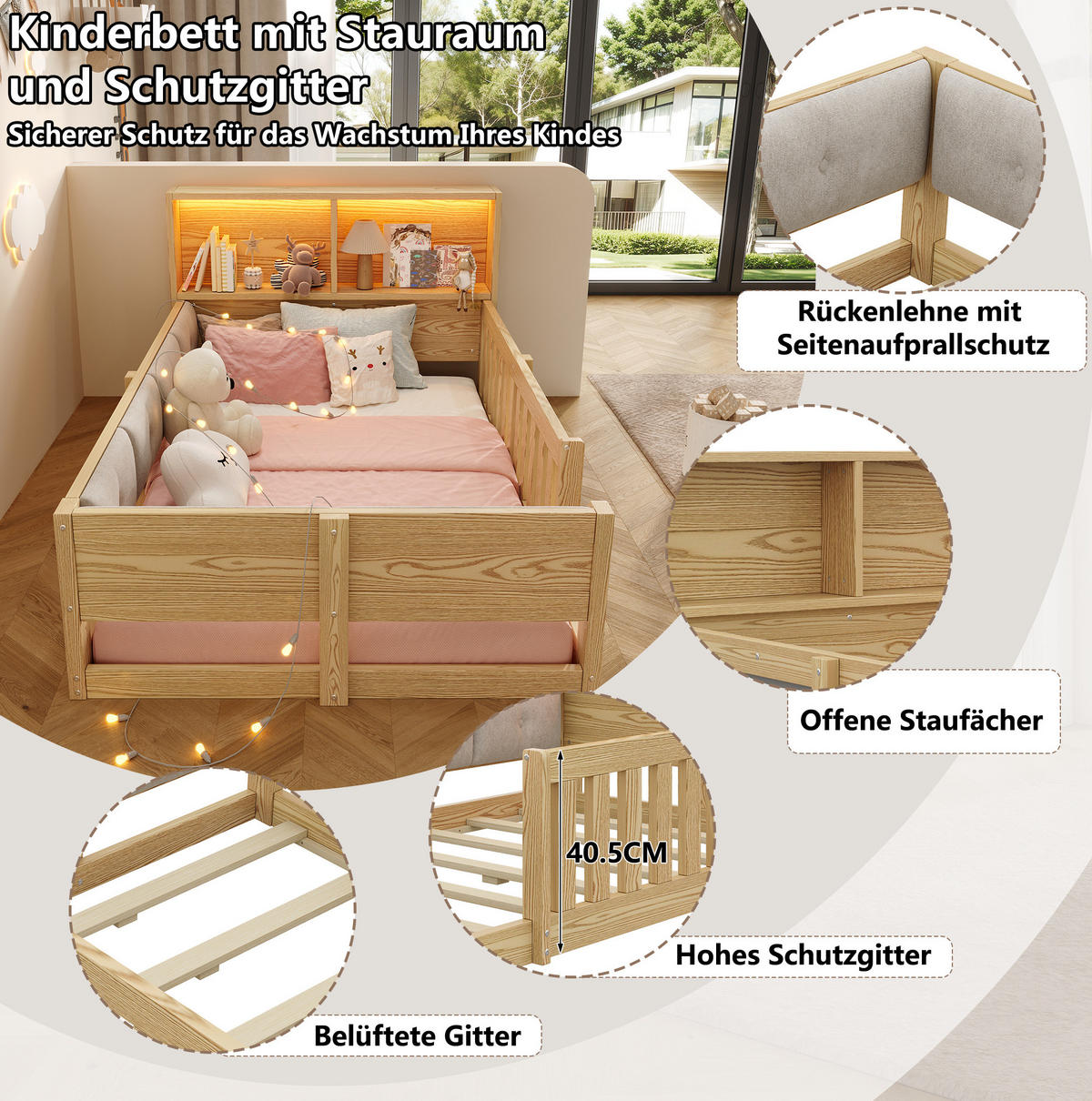 KINDERBETT aus Spanplatte & Plüsch 90x200 cm Natur mit Sicherheitsgitter, LED und Stauraum - Naturfarben, Holzwerkstoff (90/200cm) - Modfu