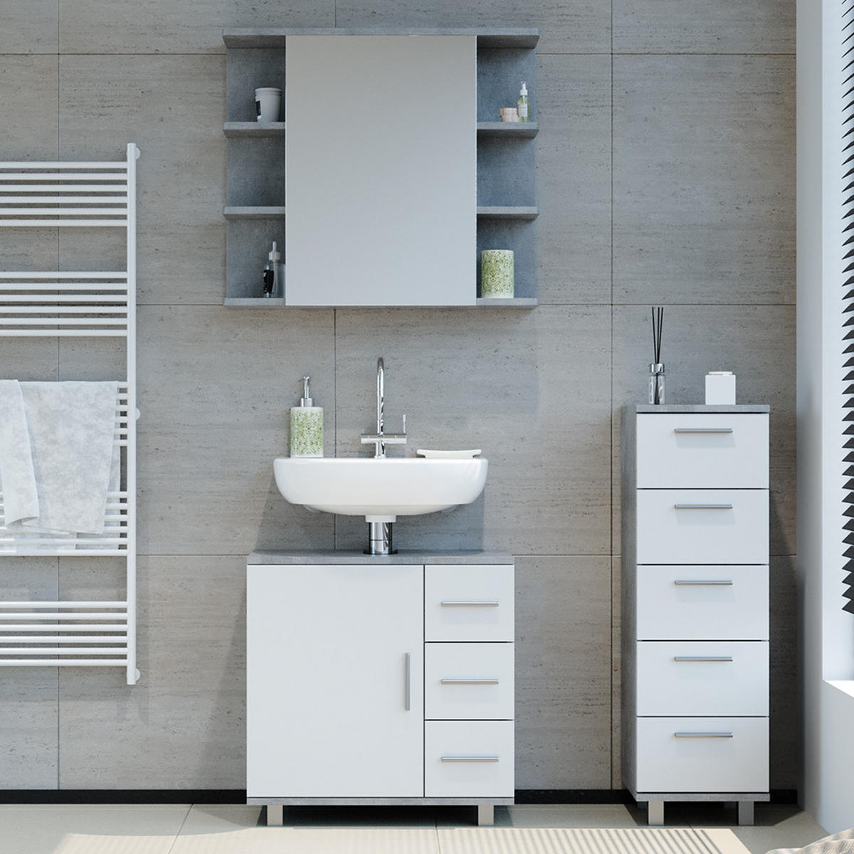 BADMÖBEL-SET Ilias Beton 3 Teile, mit Midischrank - Weiß/Grau, Holzwerkstoff (60/60.8/33cm) - Vicco