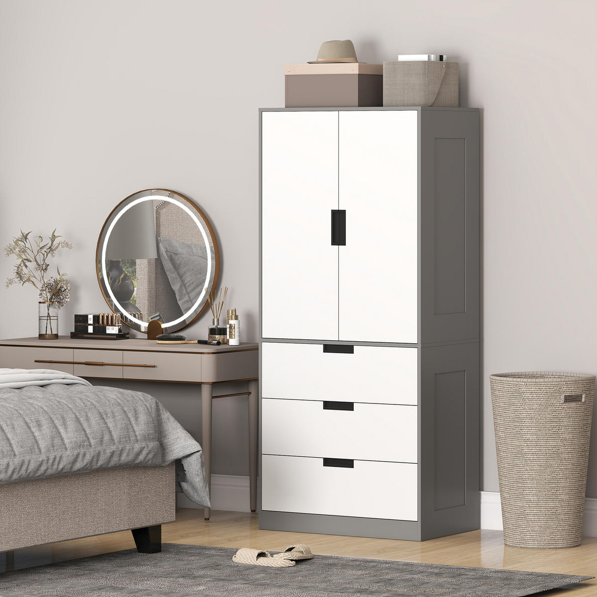 KLEIDERSCHRANK DE-17198 3 Schubladen & Soft-Close-Türen Grau - Grau, Holzwerkstoff (50/180/80cm) - ComfortXL