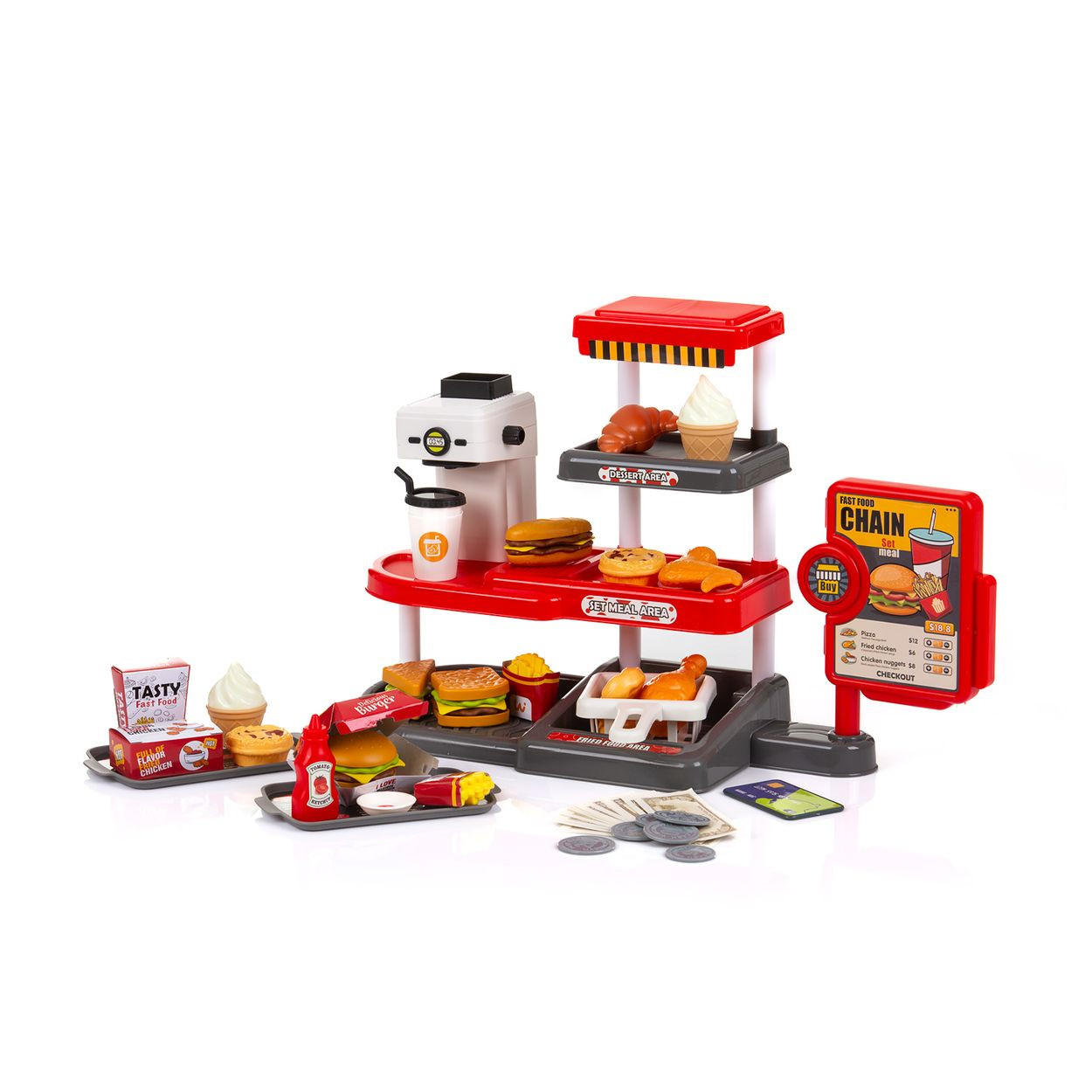 KAUFLADEN Schnellrestaurant 71-teilig rot Schnellrestaurant, Burger, Pommes, Getränkeautomat, Tabletts - Rot, Kunststoff (15/26/40cm) - Chipolino