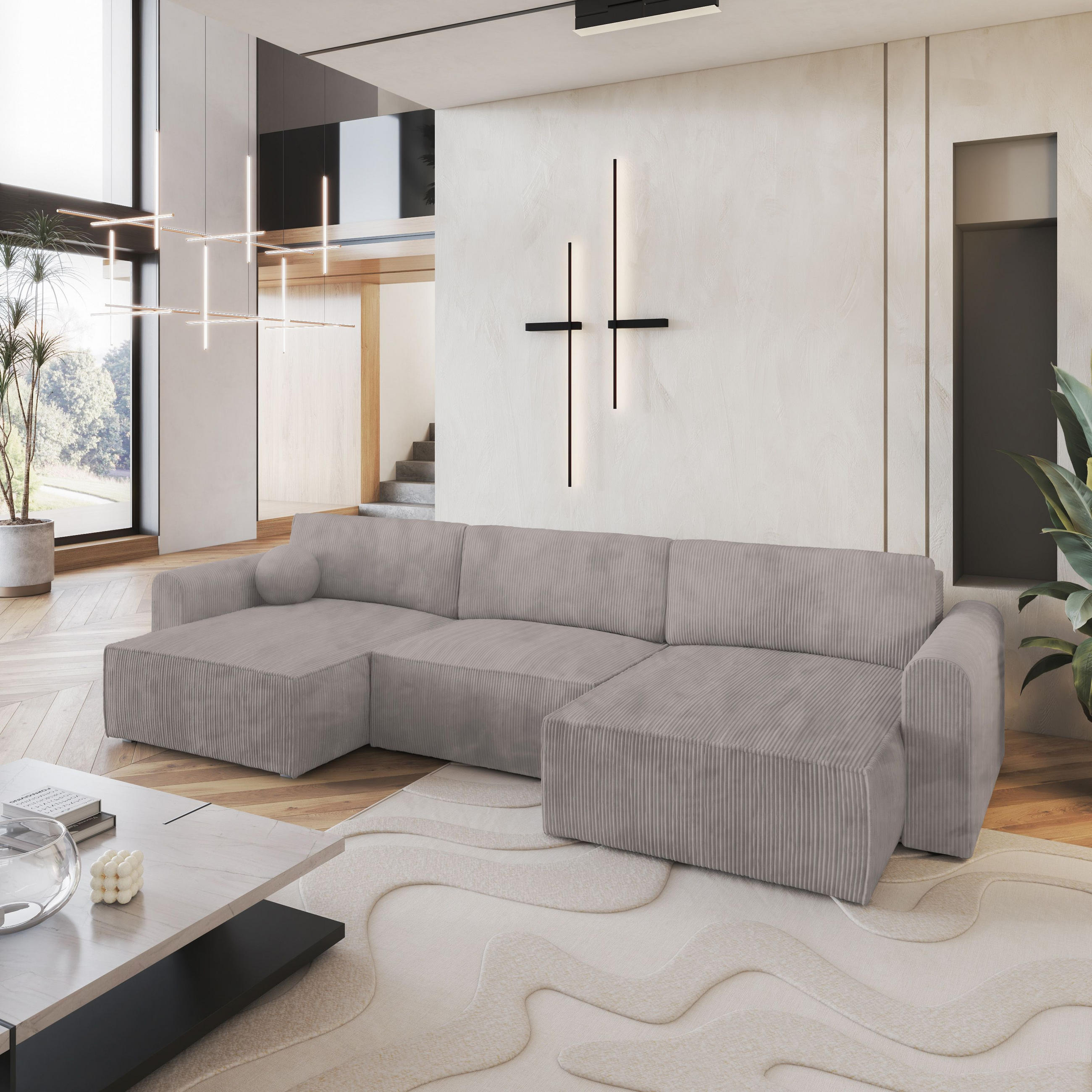 WOHNLANDSCHAFT FENTO P Beige Kordstoff mit Schlaffunktion - Beige, Holz (347/90/148cm) - MASSENO
