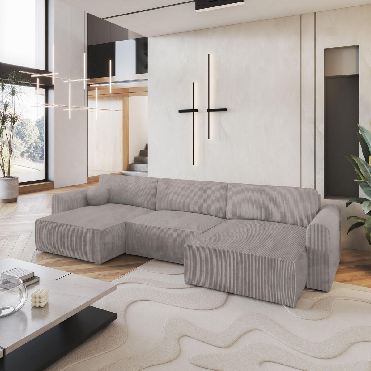 WOHNLANDSCHAFT FENTO P Beige Kordstoff mit Schlaffunktion - Beige, Holz (347/90/148cm) - MASSENO