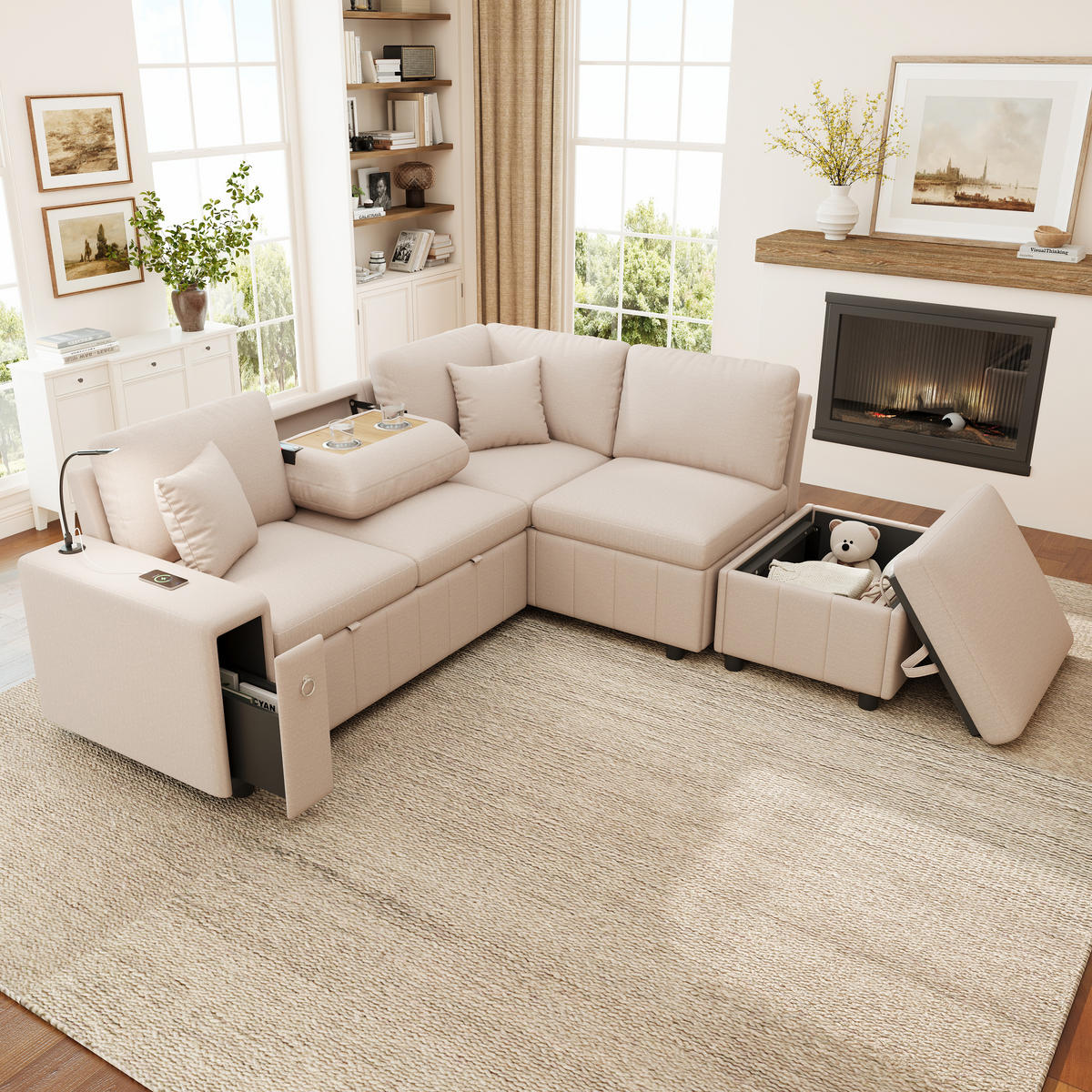 SCHLAFSOFA Beige L-Form USB Stauraum Tisch 2 Kissen - Beige, Textil (184/213cm) - FLIEKS
