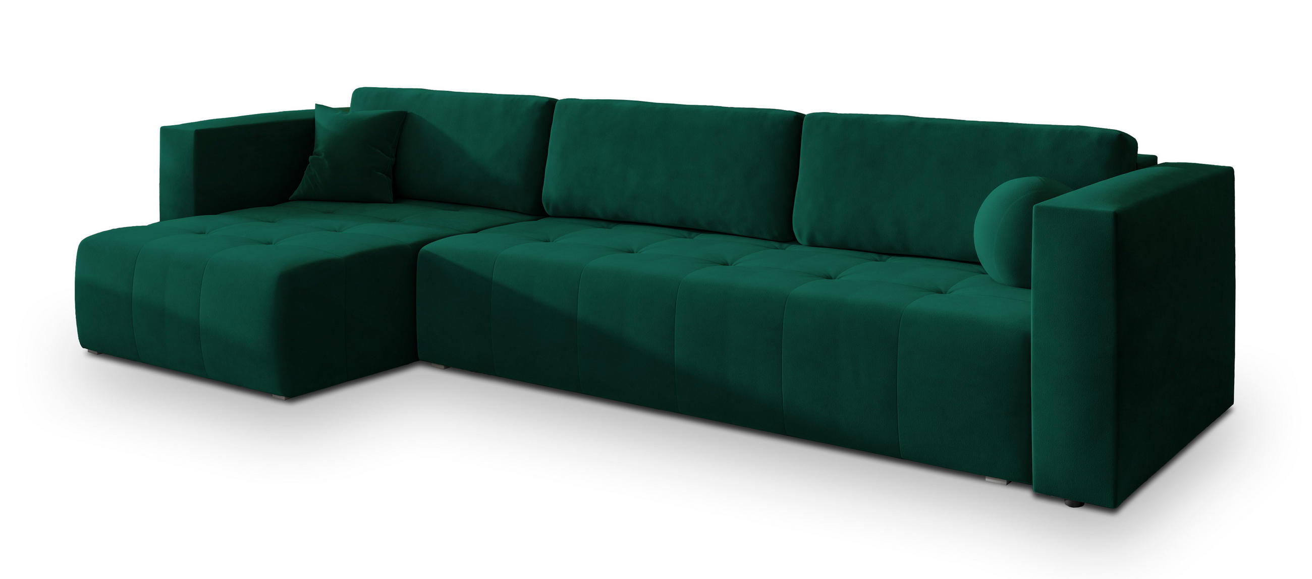 ECKSOFA OLVERA Grün Plüsch-Stoff mit Schlaffunktion - Grün, Holz (347/148cm) - MASSENO